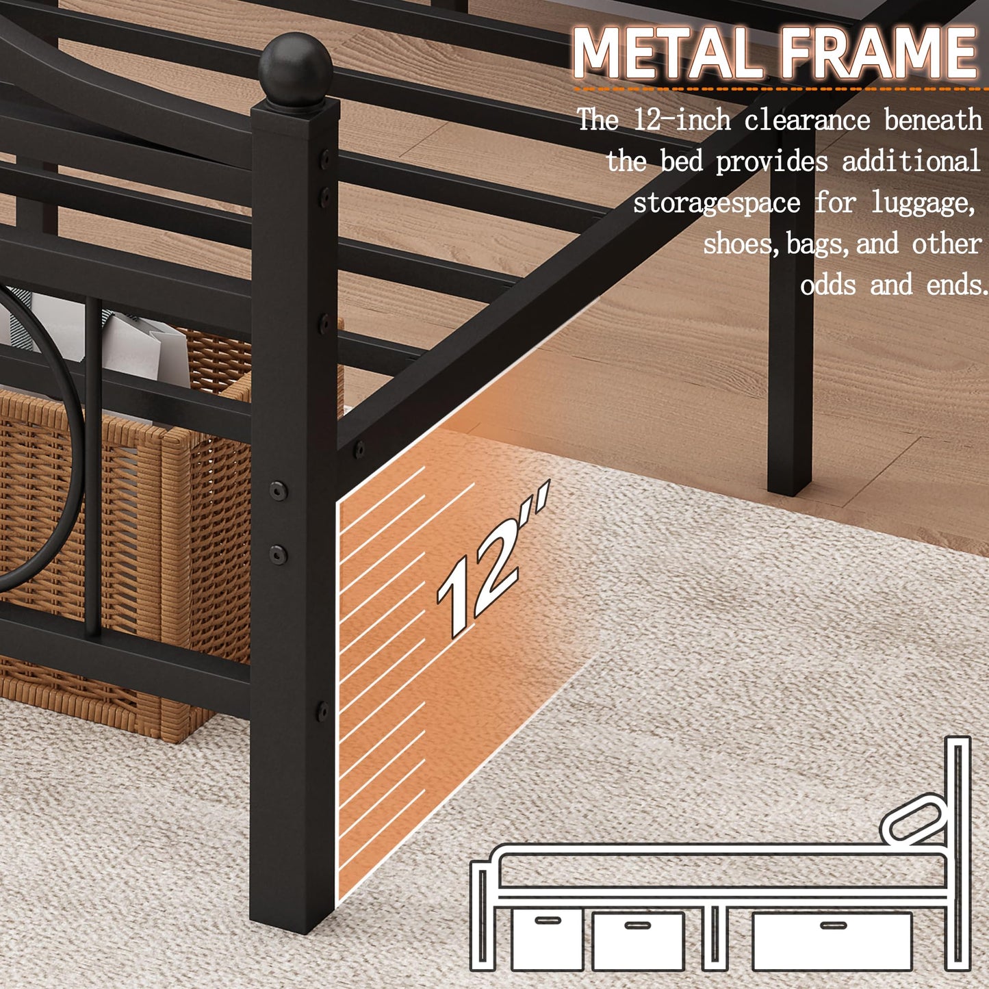 Vcaleets Twin Bed Frame with Headboard,Heavy Duty Steel Slats Support Mattress Foundation-Under Bed Storage, No Box Spring Needed, Noise Free
