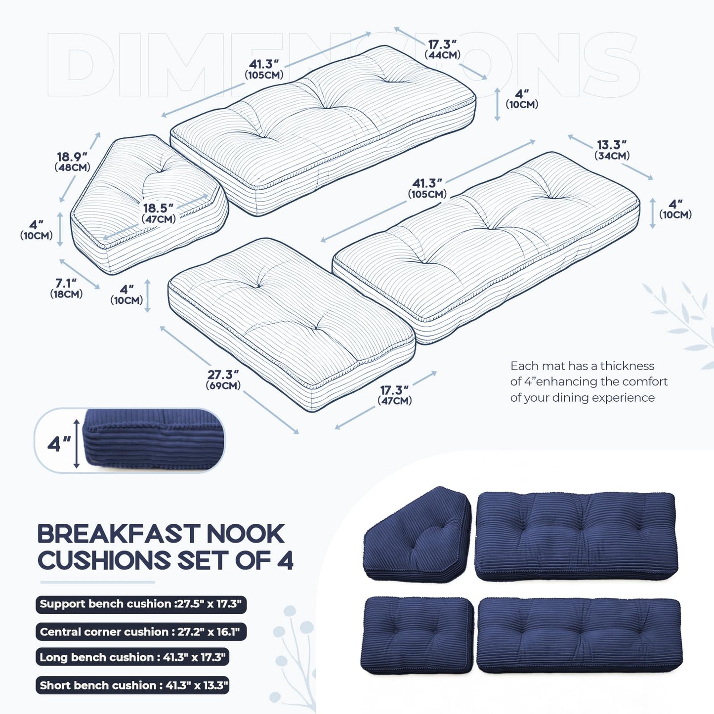 CEAWTUMY Breakfast Nook Cushion Set, 4 Pcs Comfortable Corduroy Nooks Bench Cushions, Non-Slip Anti-Shift Kitchen Nook Cushion for Dining Corner(Blue)