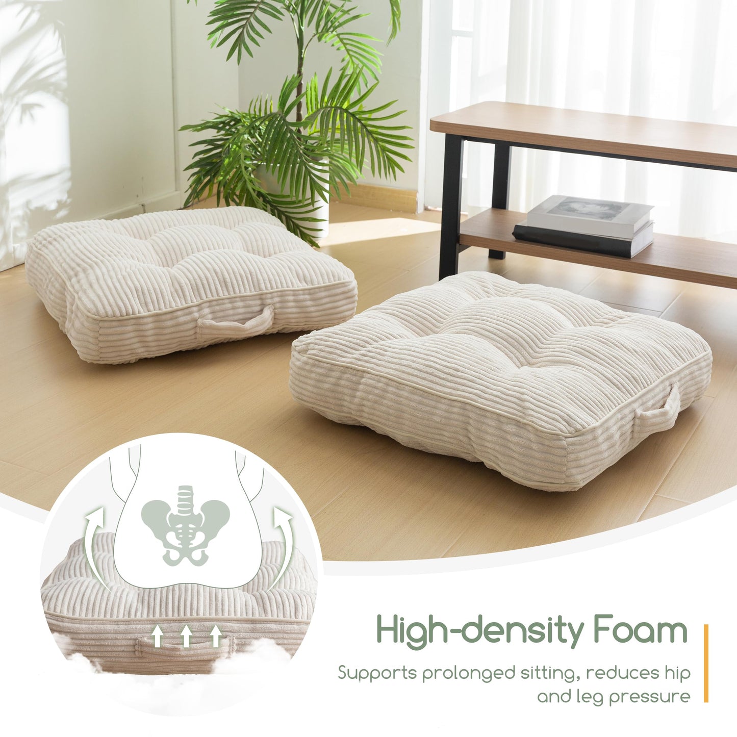 HIGOGOGO Floor Pillow Cushion for Adults, Meditation Cushion Pillow, Large Square Floor Sitting, Tufted Corduroy Cover, for Tatami Living Room or Yoga, 22x22 Inch, Beige