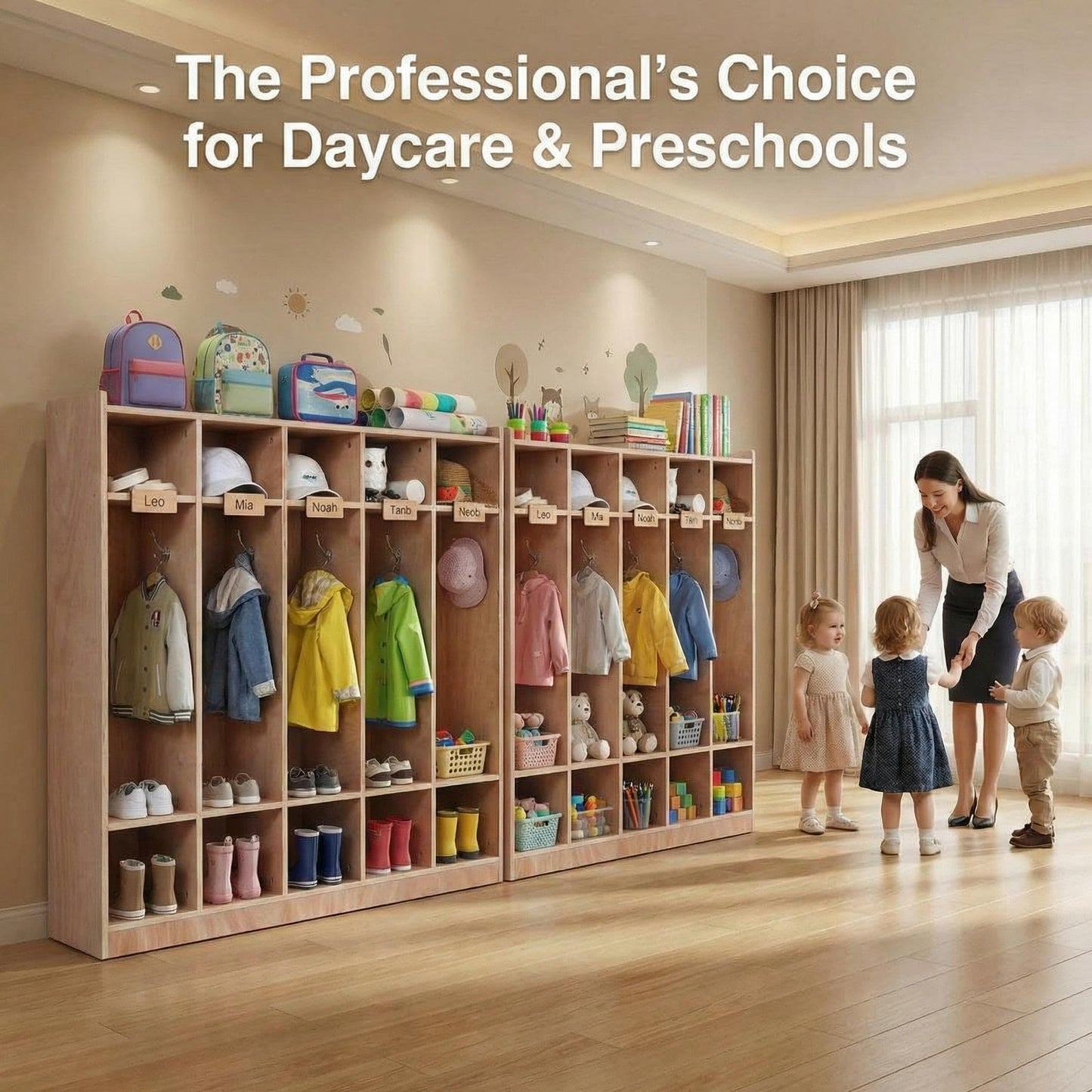 GarveeTech 5-Section Cubby Storage Organizer, Classroom Coat Locker with 4 Casters, 5 Hooks & 2 Storage Boxes, Heavy-Duty Plywood Daycare Furniture for Preschool & Kids Entryway, 48" Tall
