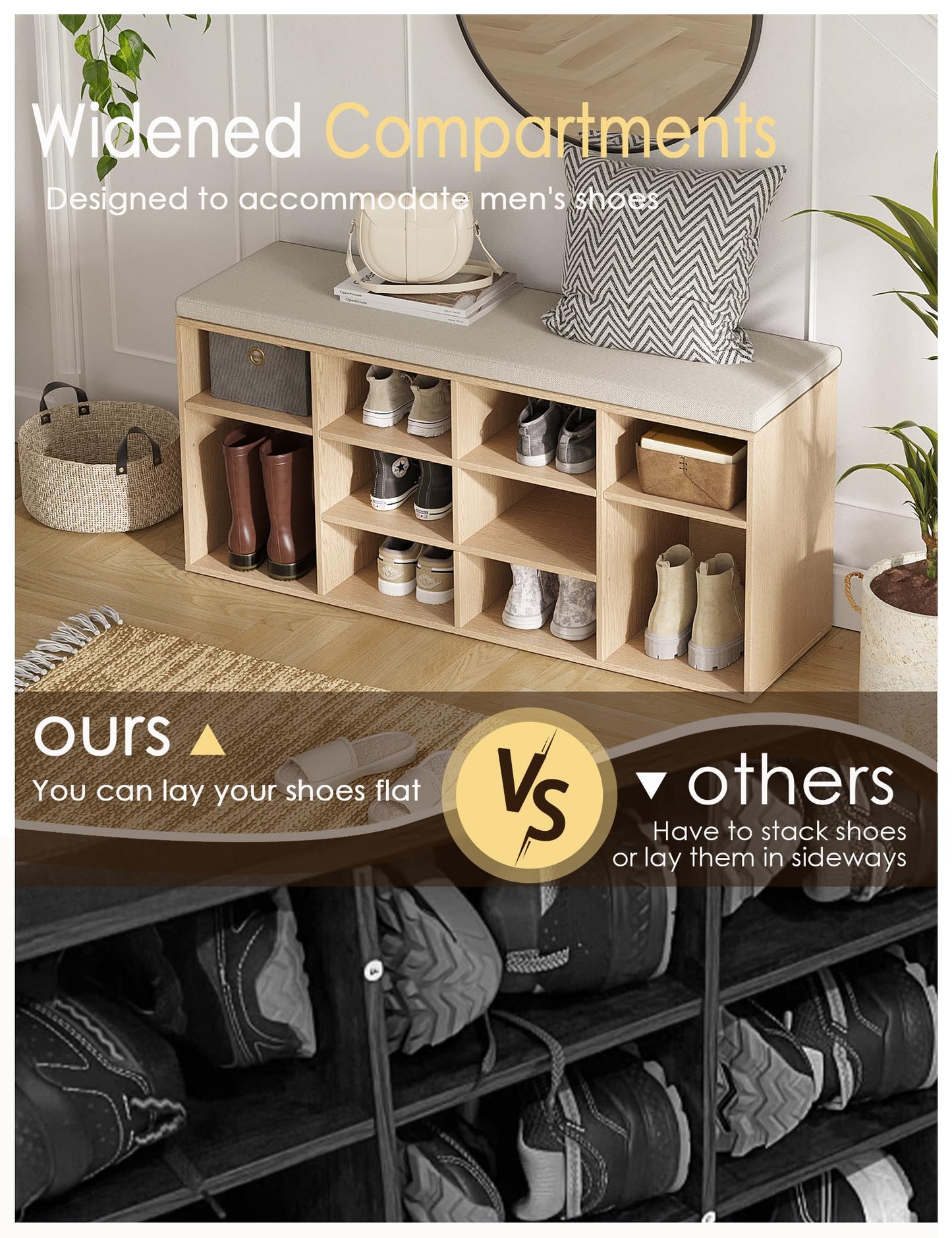 DINZI LVJ Shoe Storage Bench with Cushion, 12-Cubby Shoe Rack, Adjustable Shelves, 40.9" Long Shoe Organizer Bench for Entryway, Mudroom, Hallway, Garage, Natural and Cappuccino Beige