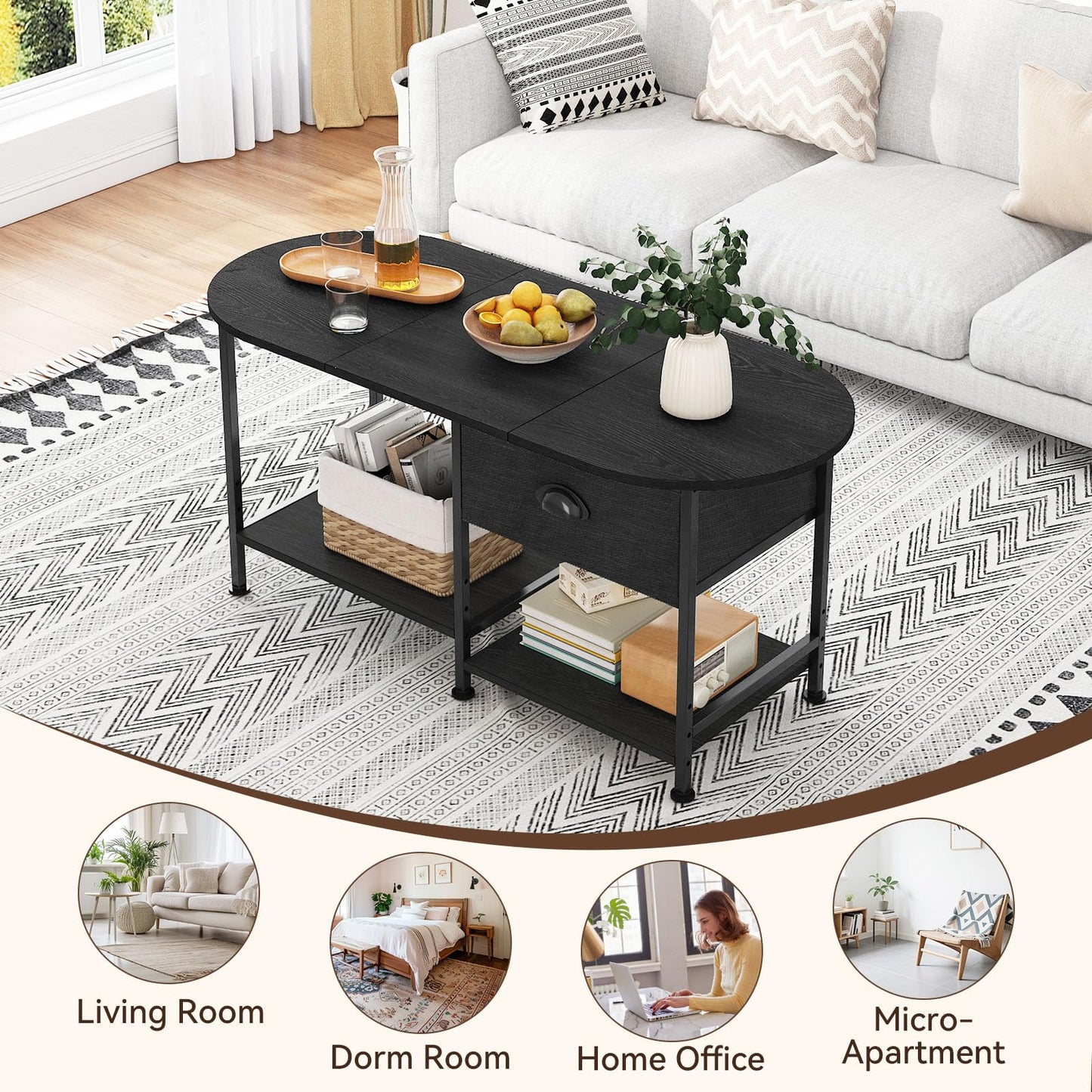 37" Oval Small Coffee Table with Storage,Modern Wood Living Room Center Table for Small Space,Apartment,Home Office,Drawer & Open Shelves,Easy Assembly,Black