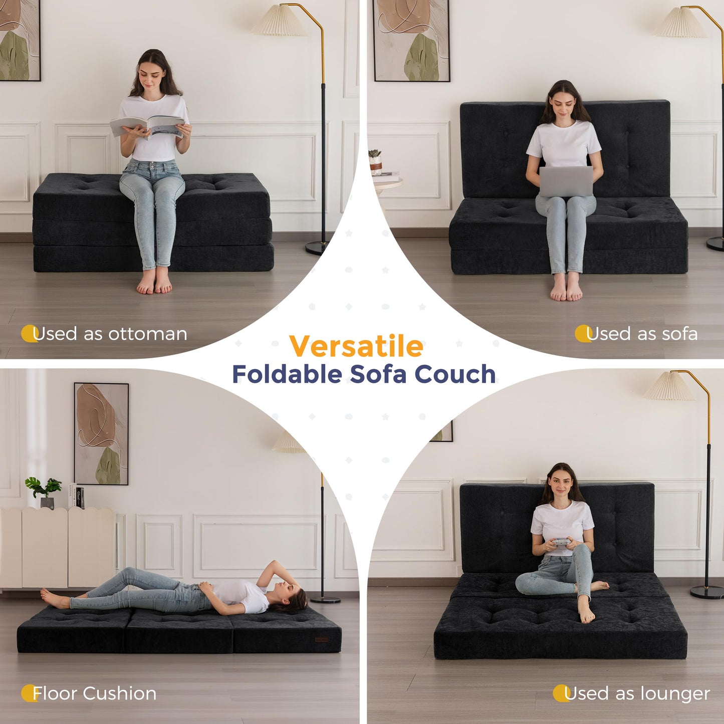 MAXYOYO 6" Folding Sofa Bed for Floor, Tufted Tri-Fold Floor Mattress with Chenille Fabric, Queen Size Portable Sofa Couch Guest Mat for Adults, Foldable Topper for Camping, Black, 59"x78.7"