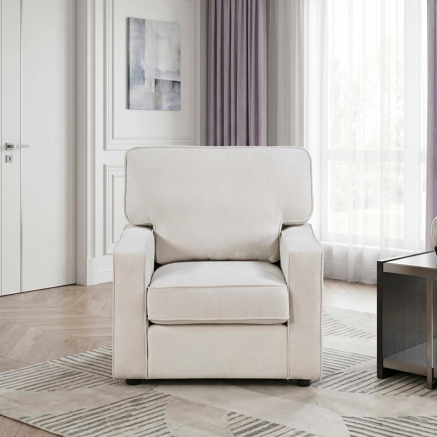 Lexicon Modern Accent Chair, Chenille Upholstered Single Sofa Chair, Track Arm, Reversible Cushions, Removable Cushion Cover, Easy Assembly for Living Room/Office/Reading Spaces, Beige