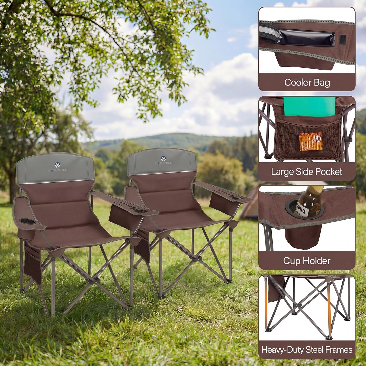 CAMPHILL Oversized Camping Chairs 2 Pack - Heavy Duty 400LBS Padded Lawn Chair with Cooler Bag,Cup Holder,Side Pocket,Collapsible for Outdoor,Camp,Fishing & Garden,Maroon