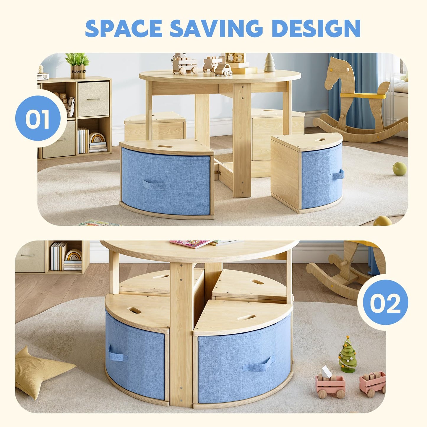 EXPERLAM Round Kids Table and 4 Chairs Set, Toddler Activity Table with Storage Bins Under Each Stool, Wooden Kids Table for Play, Art, Reading and Snacks, Space-Saving Children Furniture, Burlywood