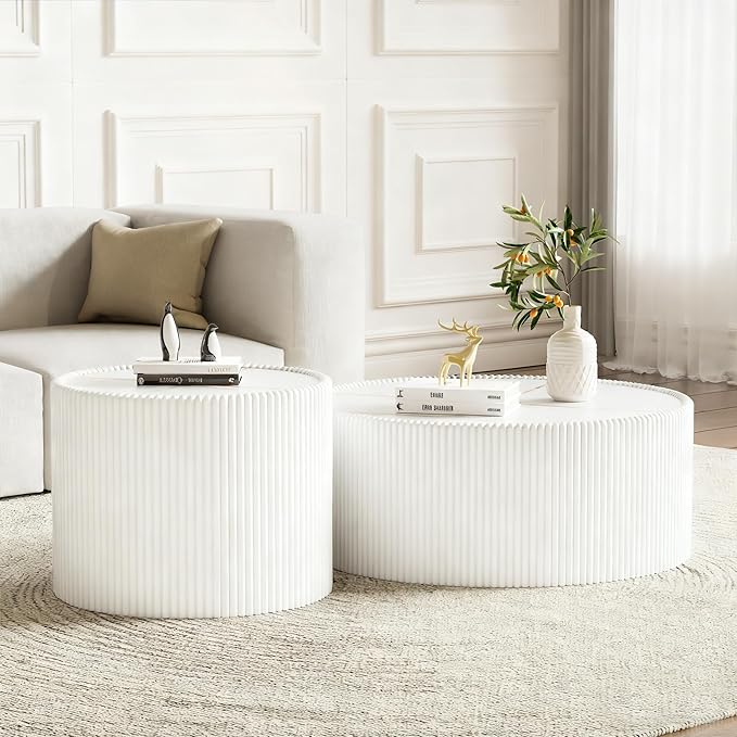 White Marble Coffee Table Set of 2, 29.52" Round Flued Coffee Table and End
