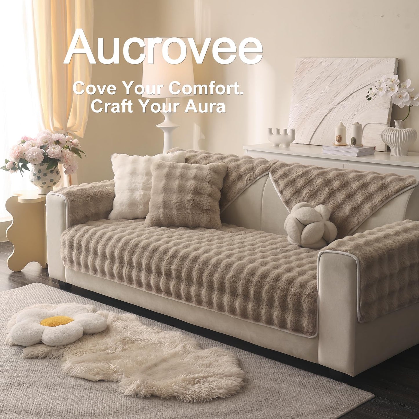 Aucrovee Soft Plush Faux Fur Couch Cover, Thick Warm Fuzzy Sectional Sofa Covers for 3 Cushion Couch Sofa L Sharped Sofa Non Slip Slipcover, Furniture Protector Covers for Pets(1 PCS 36"x94" Khaki)