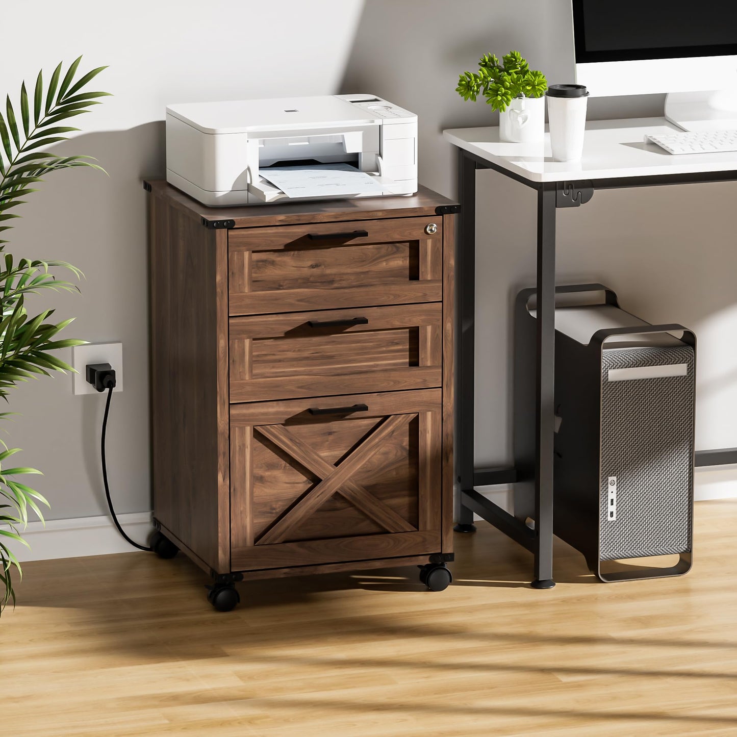 Onelike Small Wood File Cabinet with Lock, Nightstand with Charging Station, 3 Drawer Under Desk Lateral Filing Cabinets for Home Office, Printer Stand with Storage, Brown