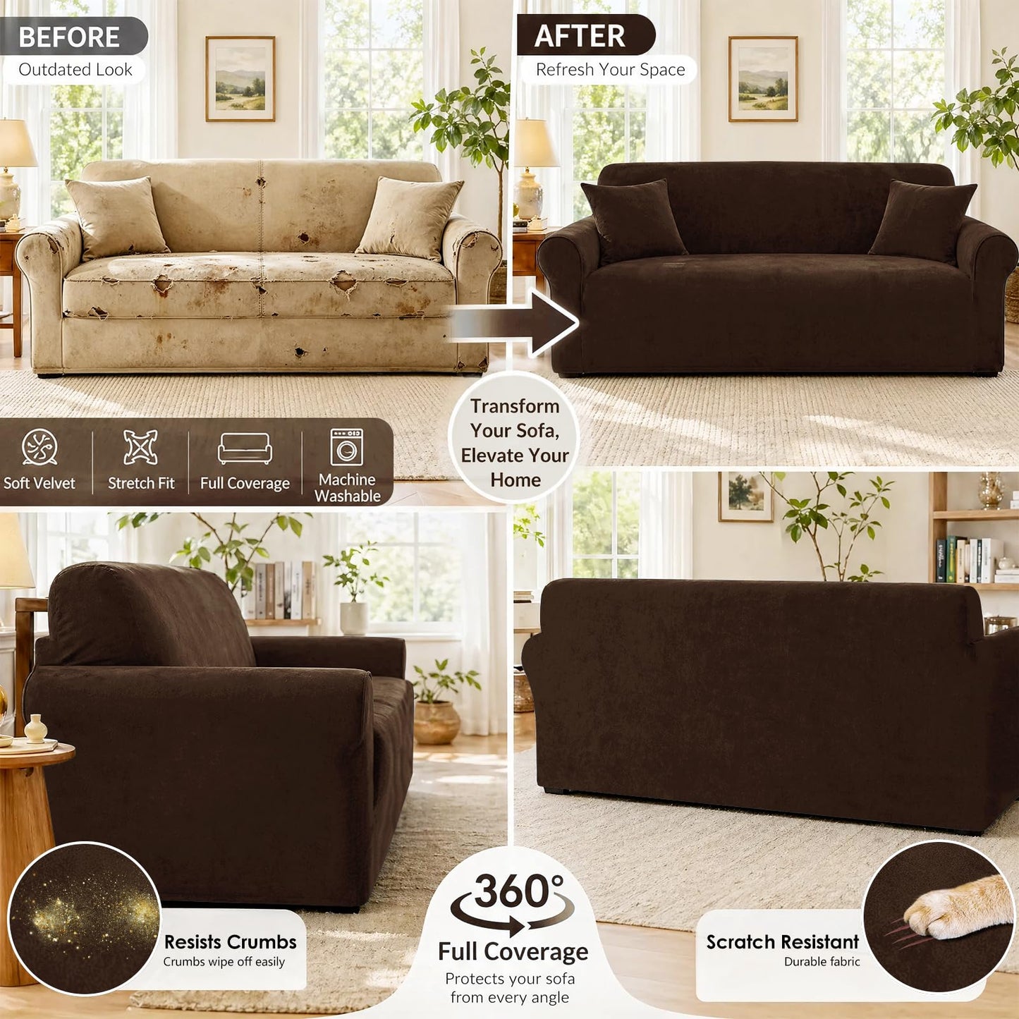 YEMYHOM Real Velvet Couch Covers for 2 Cushion Couch High Stretch 1 Piece Loveseat Slipcover for Pets Dogs Anti Slip Love Seat Sofa Slipcover Furniture Protector (55"-69", Dark Coffee)