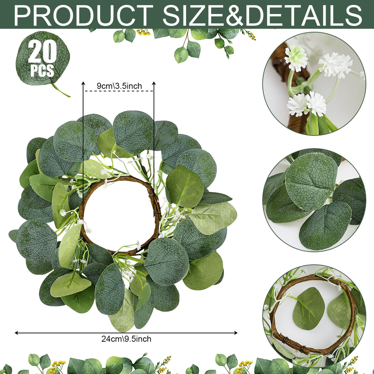 Tobilu 20 PCS Candle Rings - Artificial Eucalyptus Leaves Candle Wreaths Greenery for Pillar Fireplace Wedding Table Centerpieces Farmhouse Home Kitchen Decor
