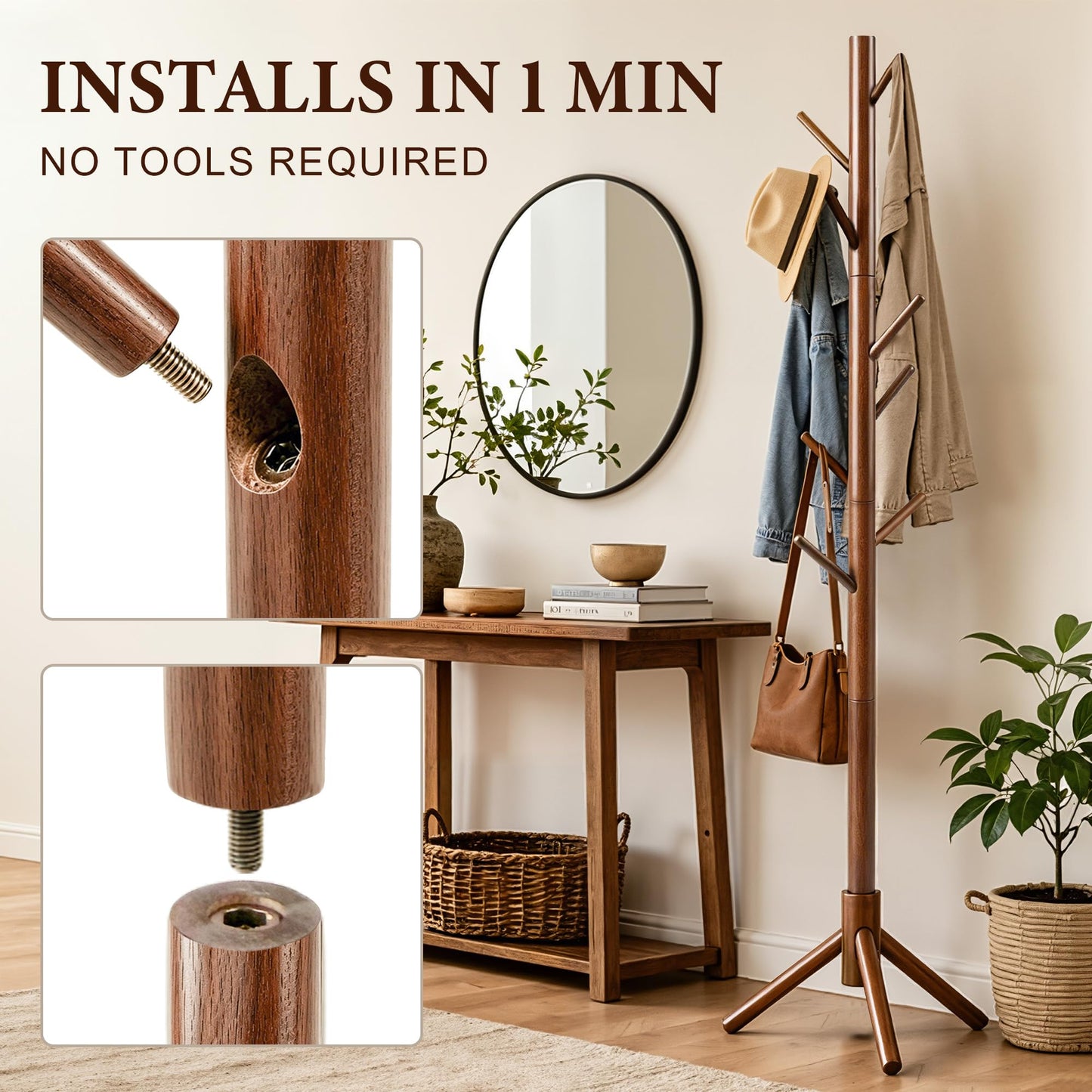 Freyawin Wooden Coat Rack Freestanding with 8 Hooks & 3 Adjustable Sizes for Clothes, Space-Saving Design for Bedroom Office Entrance Holds Hats Coats Scarves Bags