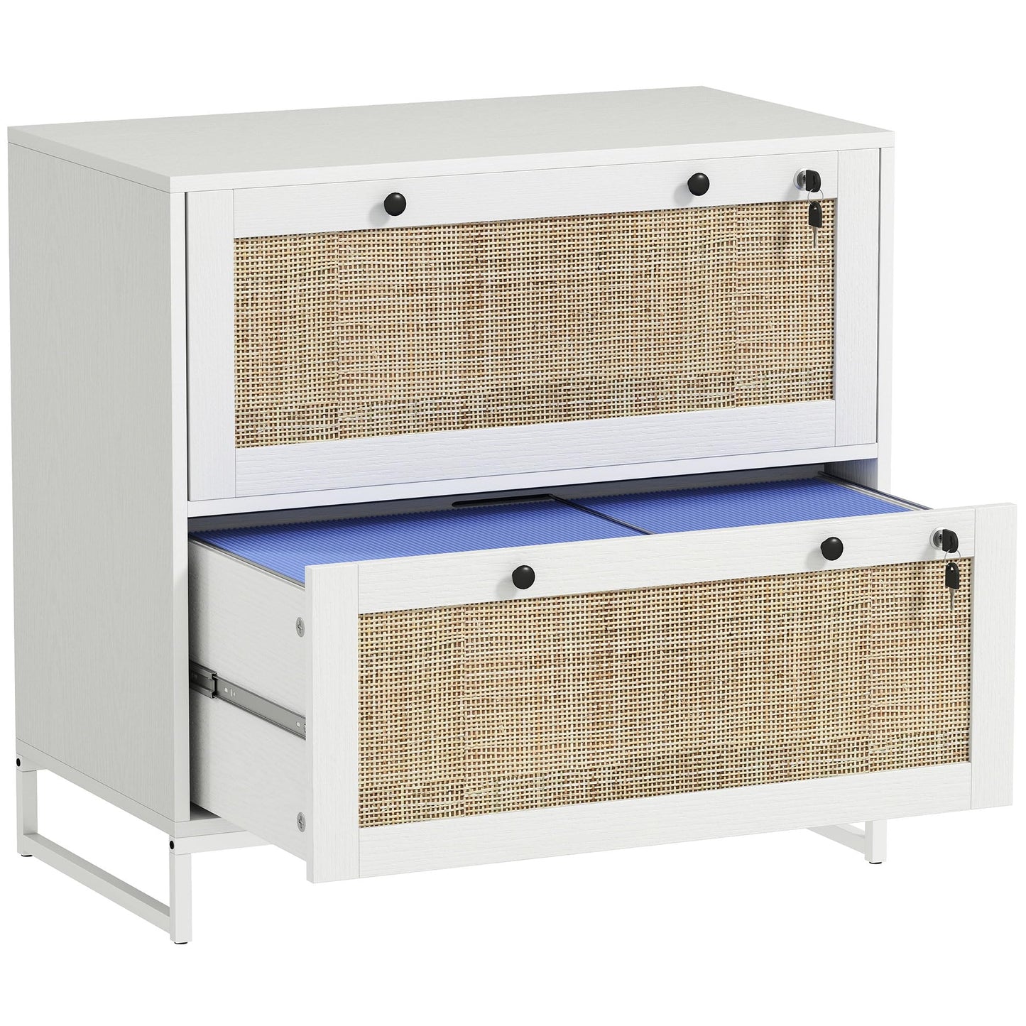 Vinsetto 2 Rattan Drawer File Cabinet with Lock, Lateral Filing Cabinet with Adjustable Hanging Bar for Letter, A4 and Legal Size Files, Printer Stand for Home Office, White