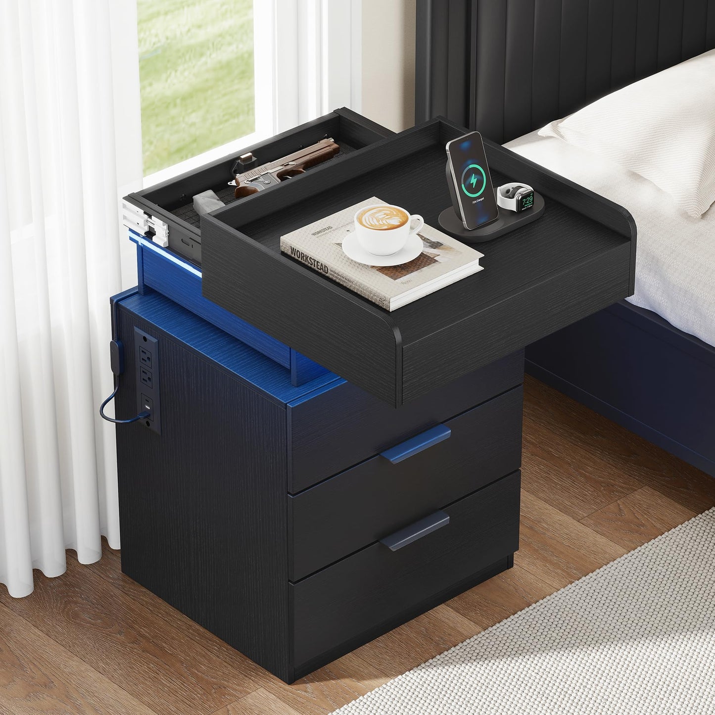 Turosur Night Stand with Gun Drawer, LED Nightstand with Charging Station, Wood Bedside Table with Hidden Storage and 3 Drawers for Bedroom, Modern Black