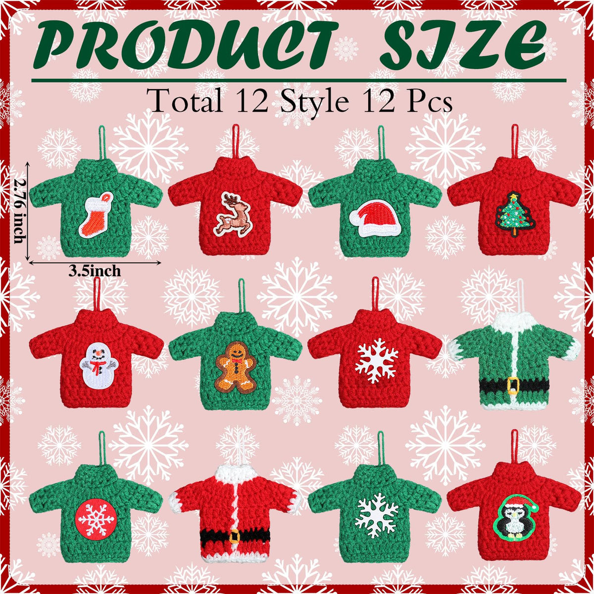 12 Pcs Handcrafted Crochet Ugly Sweater Ornament Christmas Red and Green Ugly Sweater Decorations for Christmas Tree Snowflake Gingerbread Reindeer Santa Hanging Decor for Xmas Winter Party Favors