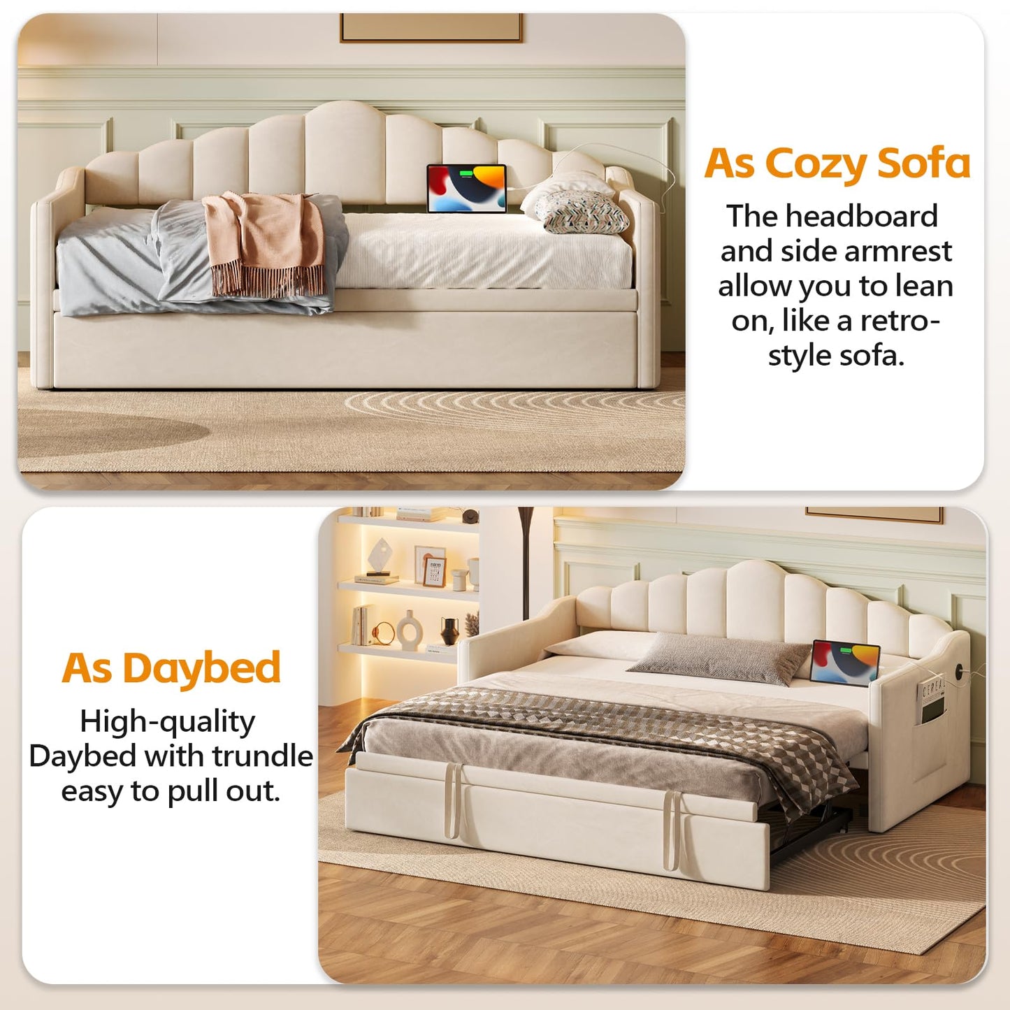 Twin Size Upholstered Daybed with Pop up Trundle,Velvet Day Bed Frame with USB and Side Pockets,Twin to King Daybed, Tufted Sofa Bed for Bedroom,Living Room,Guest,Beige