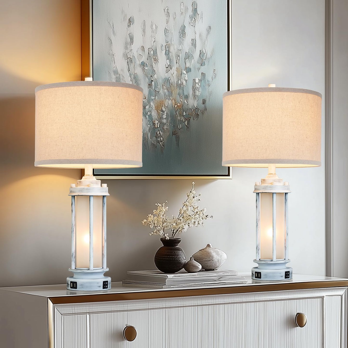 AIEAMPDO 25" Set of 2 Antique White Rustic Table Lamps 2 USB C+A Ports