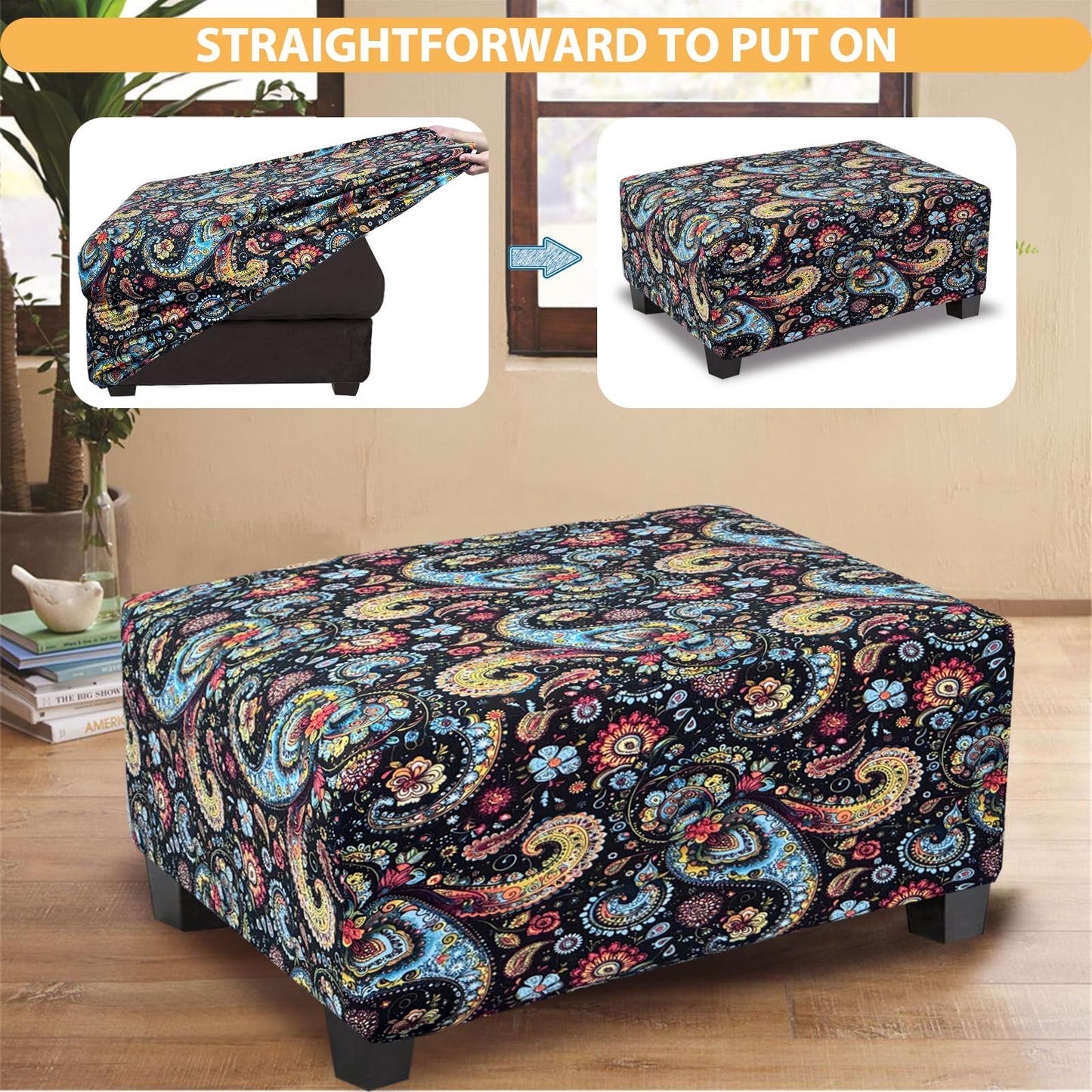 TOPHMDECOR Ottoman Cover Rectangle Printed,Stretch Footstool Slipcover with Elastic Bottom,Soft Fabric Protector for Rectangular Ottoman in Living Room or Bedroom,Medium,Flower F