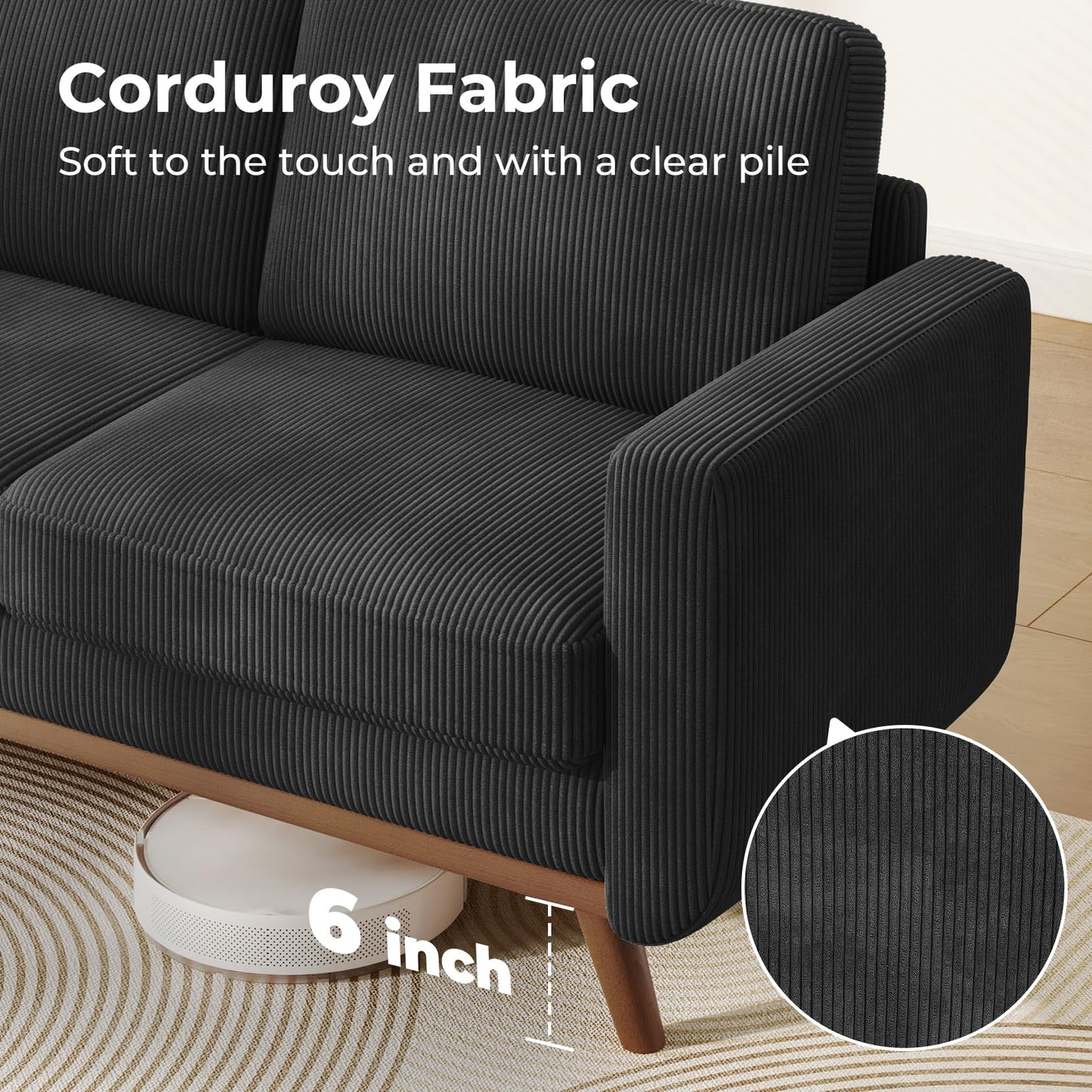 Vesgantti 68" Black Corduroy Loveseat Sofa, Modern Deep Seat Couch with Spring Cushion & Solid Wood Frame, Comfy Upholstered Loveseat for Living Room, Bedroom, Office & Small Space