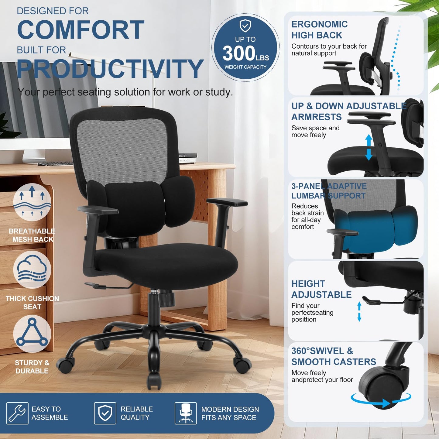 ZLHECTO® Ergonomic Office Chair, Executive Office Chair with Lumbar Support, Adjustable Height Arms 360° Swivel Mesh Desk Chair, Quiet Rolling Computer Chair for Home Office BIFMA Certified-300LBS