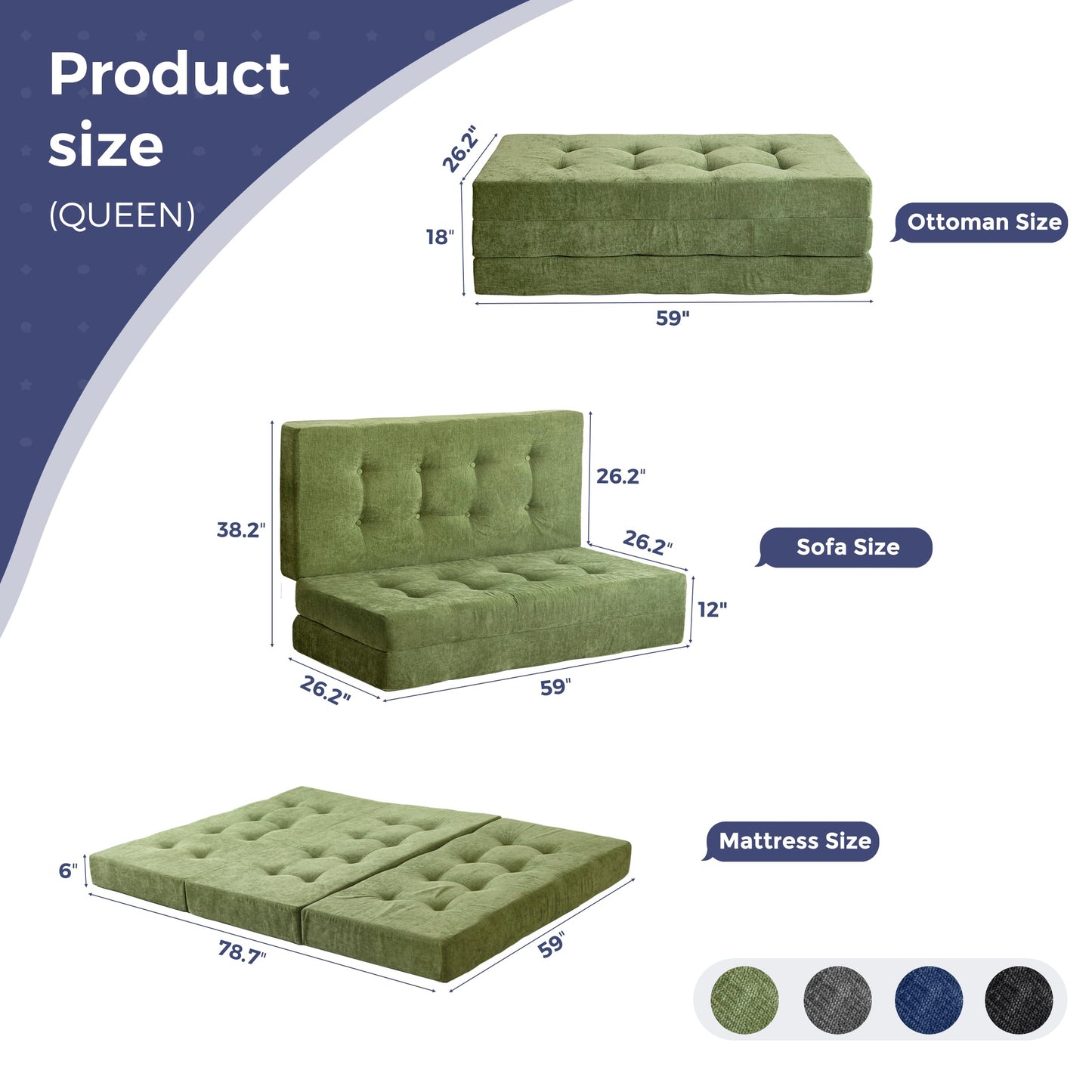 MAXYOYO 6" Folding Sofa Bed for Floor, Tufted Tri-Fold Floor Mattress with Chenille Fabric, Queen Size Portable Sofa Couch Guest Mat for Adults, Foldable Topper for Camping, Green, 59"x78.7"