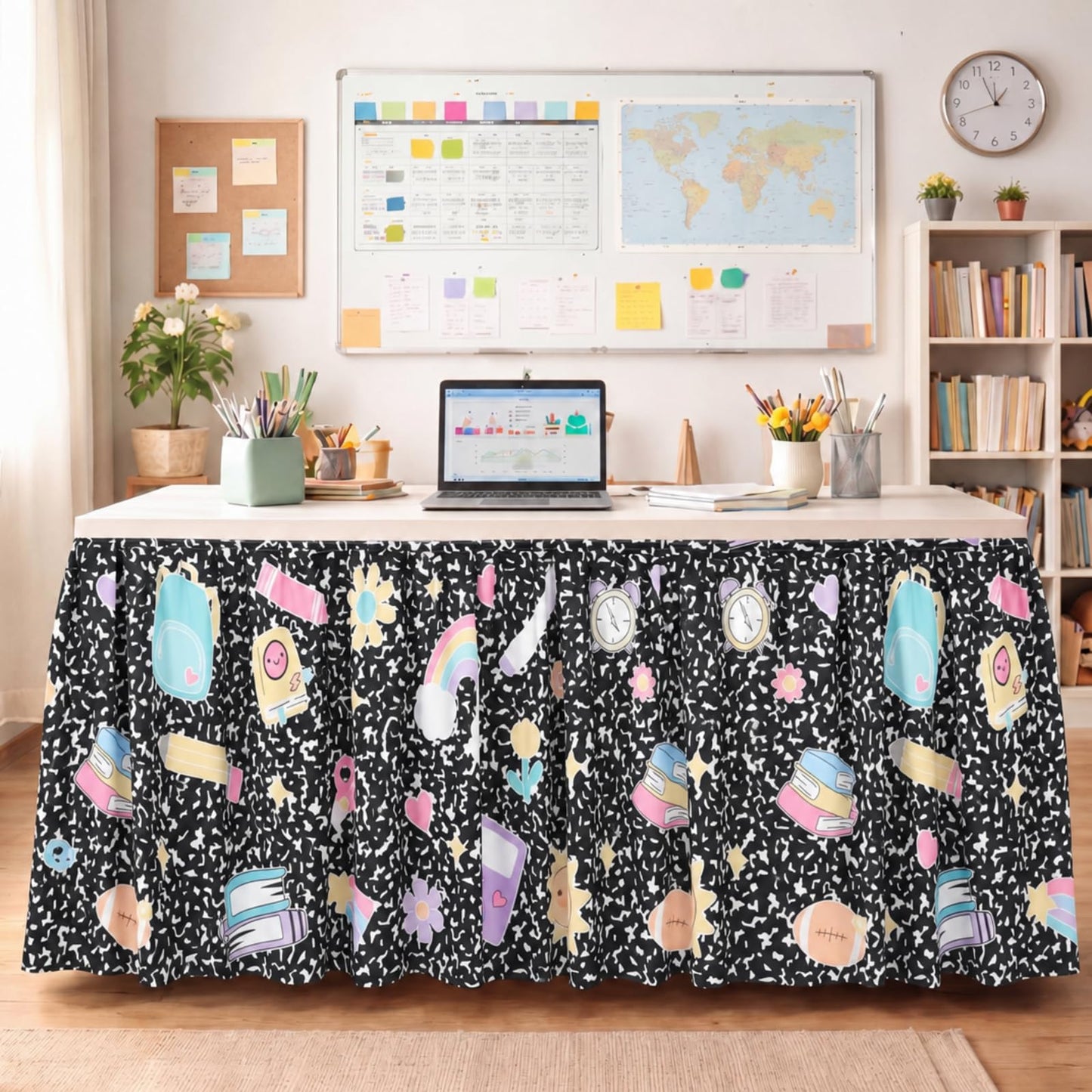 Hahafelt 14FT Teacher Desk Skirt for Back to School Decorations Composition Notebook Classroom Decor Ruffle Table Cover Skirt for Rectangle Round Kidney Desk First Day School Kindergarten Decorations