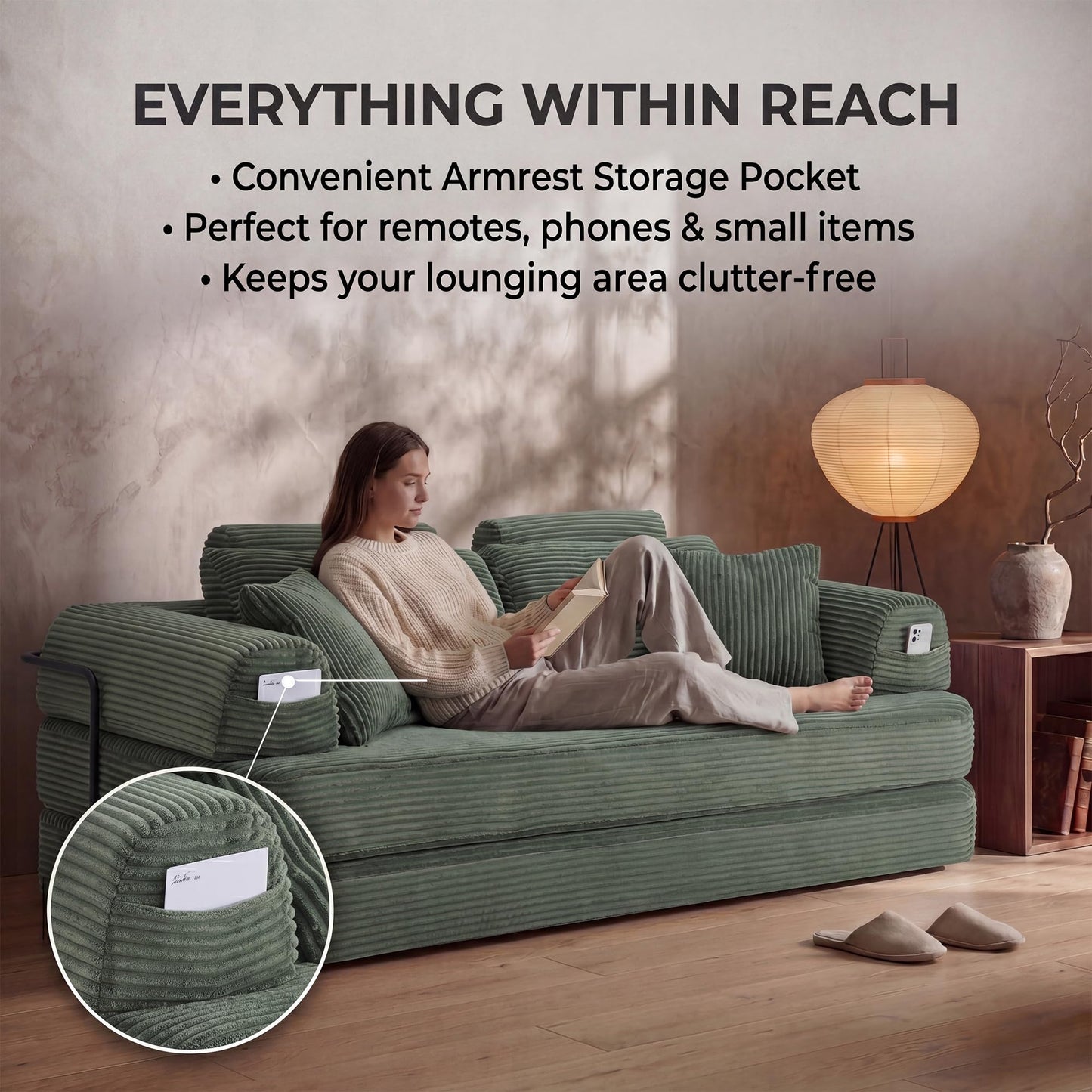 Boneless Floor Sofa, 3-in-1 Convertible Loveseat Sleeper Futon, Modular Small Space Couch Bed with High Headrests & Side Storage Pockets & 2-in-1 Pillow Blanket for Living Room, No Assembly, Bedroom