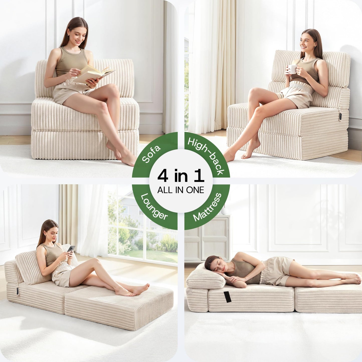 MEGAYES Convertible 4-in-1 Folding Sofa Bed Boneless Sleeper Chair Couch Foldable Chaise Lounger & Mattress Pocket Coils+Foam Fill Medium Support, No Assembly for Living Room/Bedroom, Twin Beige