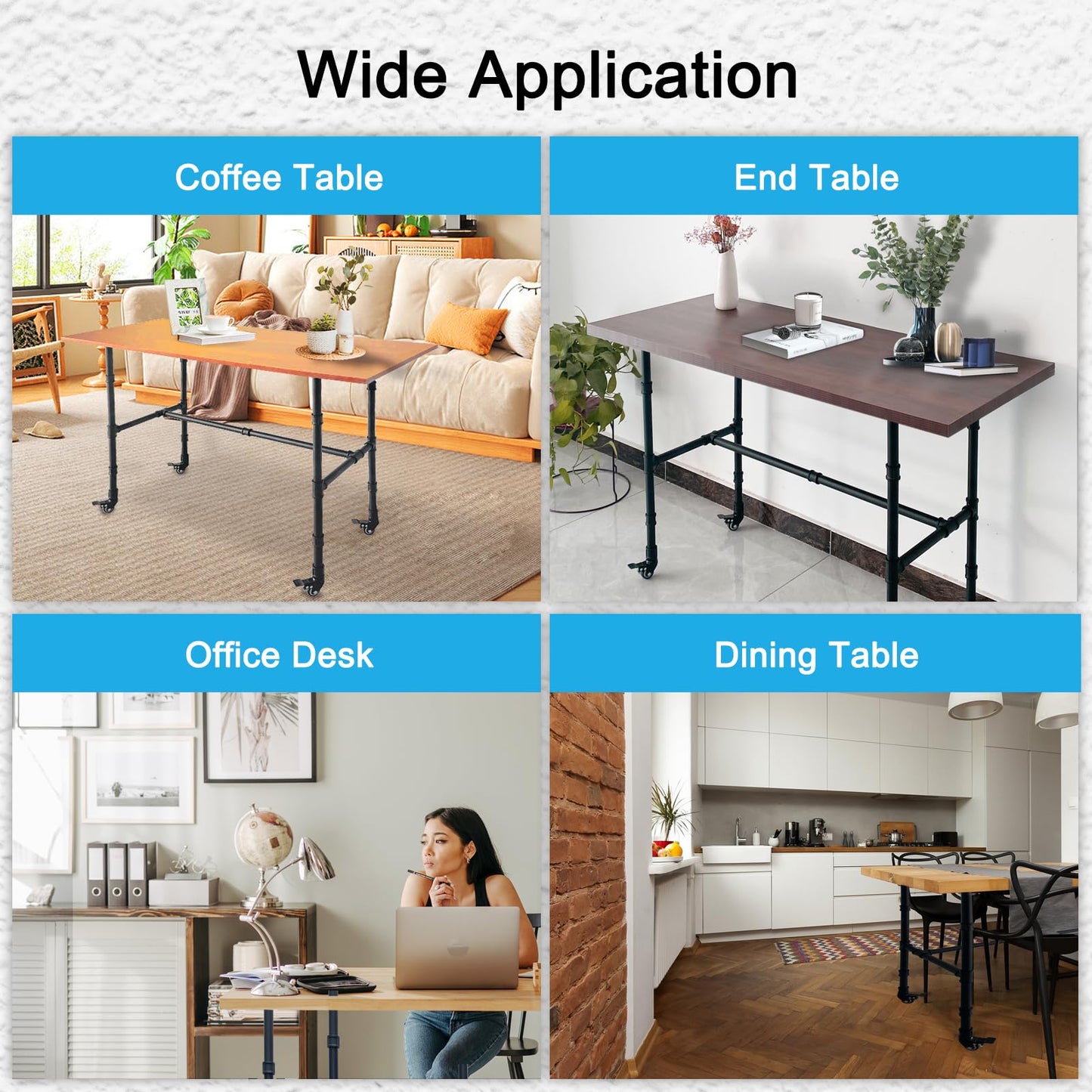 IFYISUN Industrial Pipe Table Leg Set with Casters,Black Rustic Metal Pipes for Coffee & End Tables, Desks,Vintage Furniture Legs,DIY Desk Legs(L 38x W18 x H 30")