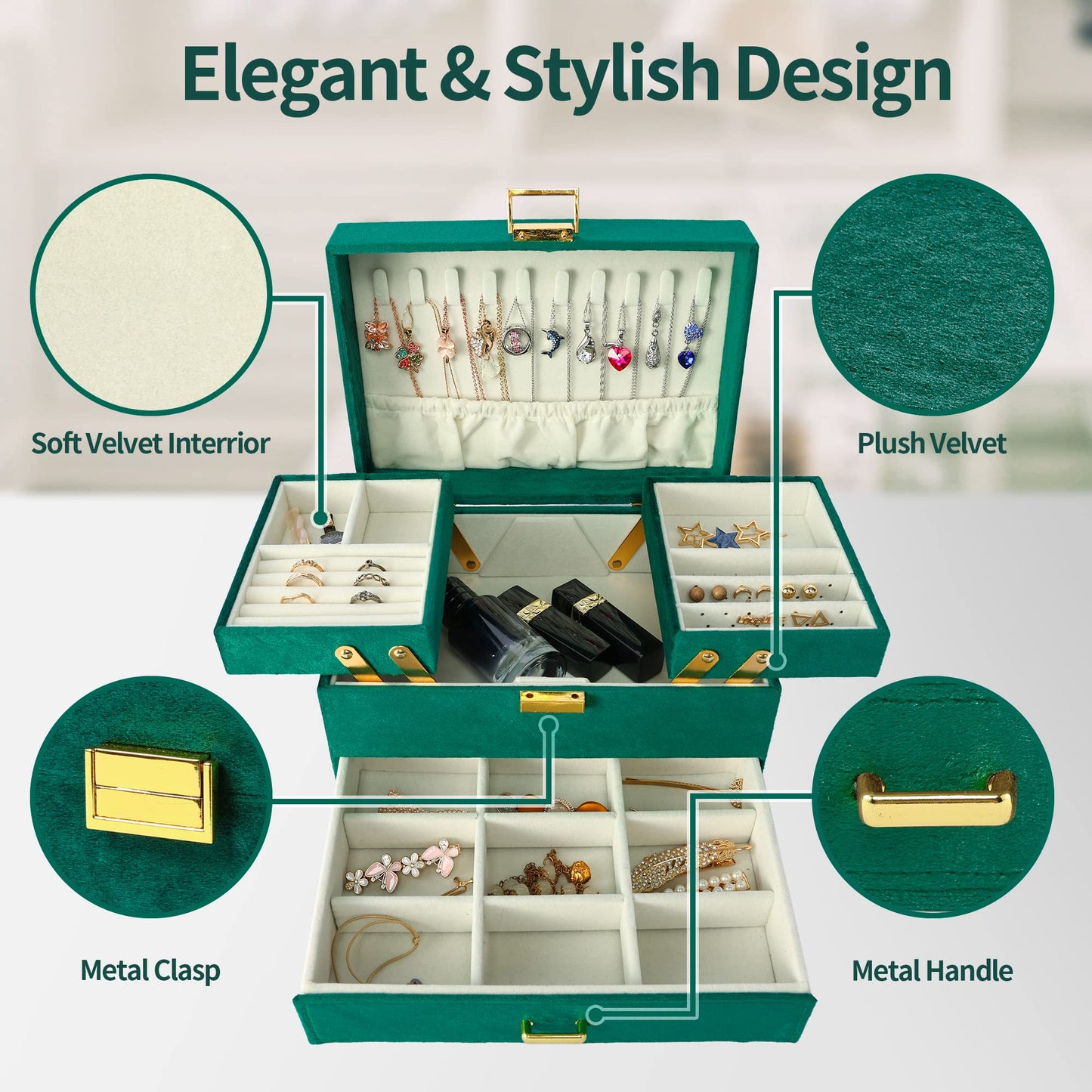 Dajasan Jewelry Organizer Box, Large Velvet Jewelry Boxes for Women Girls, Space-Saving 3 Layers Jewelry Storage Case with Drawer, Movable Metal Stand, Modern, Gift Idea (Green)