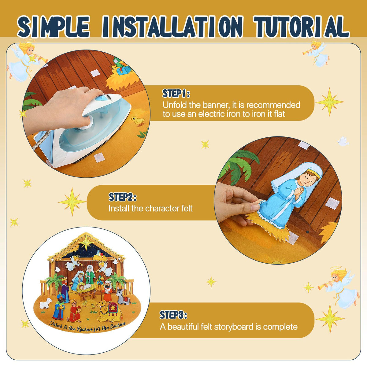 Tiamon Felt Christmas Tree Nativity Story Board Set Advent DIY Religious Nativity Scene with 16 Pcs Detachable Wall Ornaments Felt Board Craft Gift for Door Wall Decor