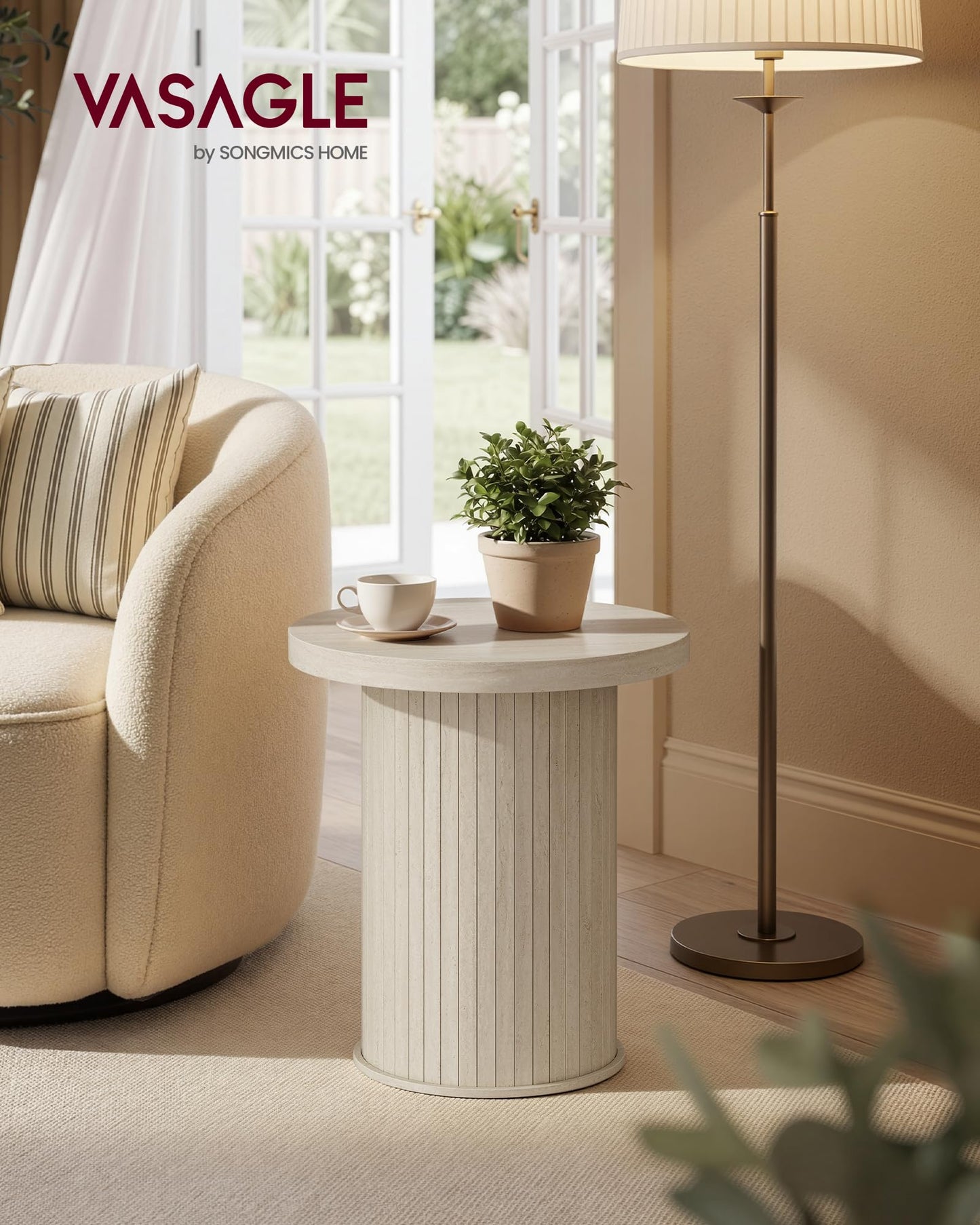 VASAGLE Round Side Table, Tambour End Table, Mid Century Modern Nightstand, Easy Assembly, for Small Spaces, Living Room, Bedroom, Home Office, 17.7 x 19.7 Inches, Travertine Beige ULET295L101