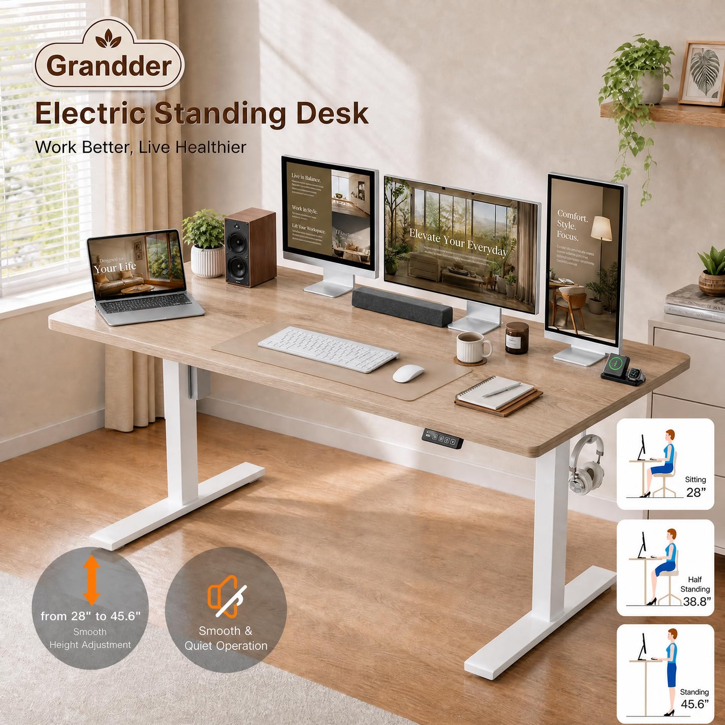 Grandder 55x32 Large Electric Standing Desk, Height Adjustable Computer Desk with 2 Memory Presets, 31.5" Deep Desktop Sit Stand Desk Home Office Desk Workstation Table with Hooks, Maple