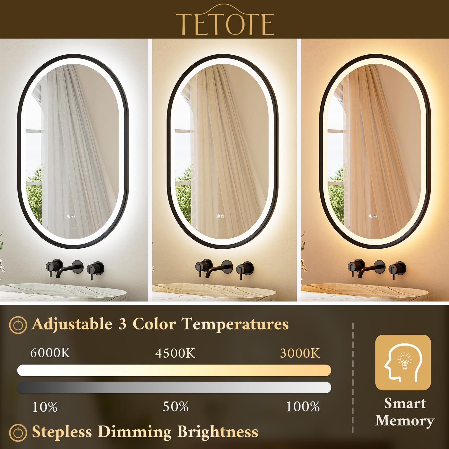 TETOTE Oval Led Lighted Bathroom Mirror Matte Black Frame 20" x 32" Front and Backlit Oval Light up Vanity Mirror with Lights, 3 Color Illuminated Dimmable Anti Fog Wall Mount, IP54 CRI 90+