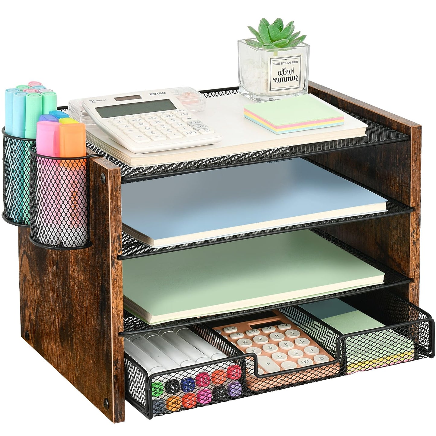 OPNCIE Desk Organizer and Accessories, 4-Tier Paper Letter Tray File Organizer with Drawer & 2 Pen Holder, Office Desk Accessories Workspace Desktop Organizer for Office Supplies(Brown)