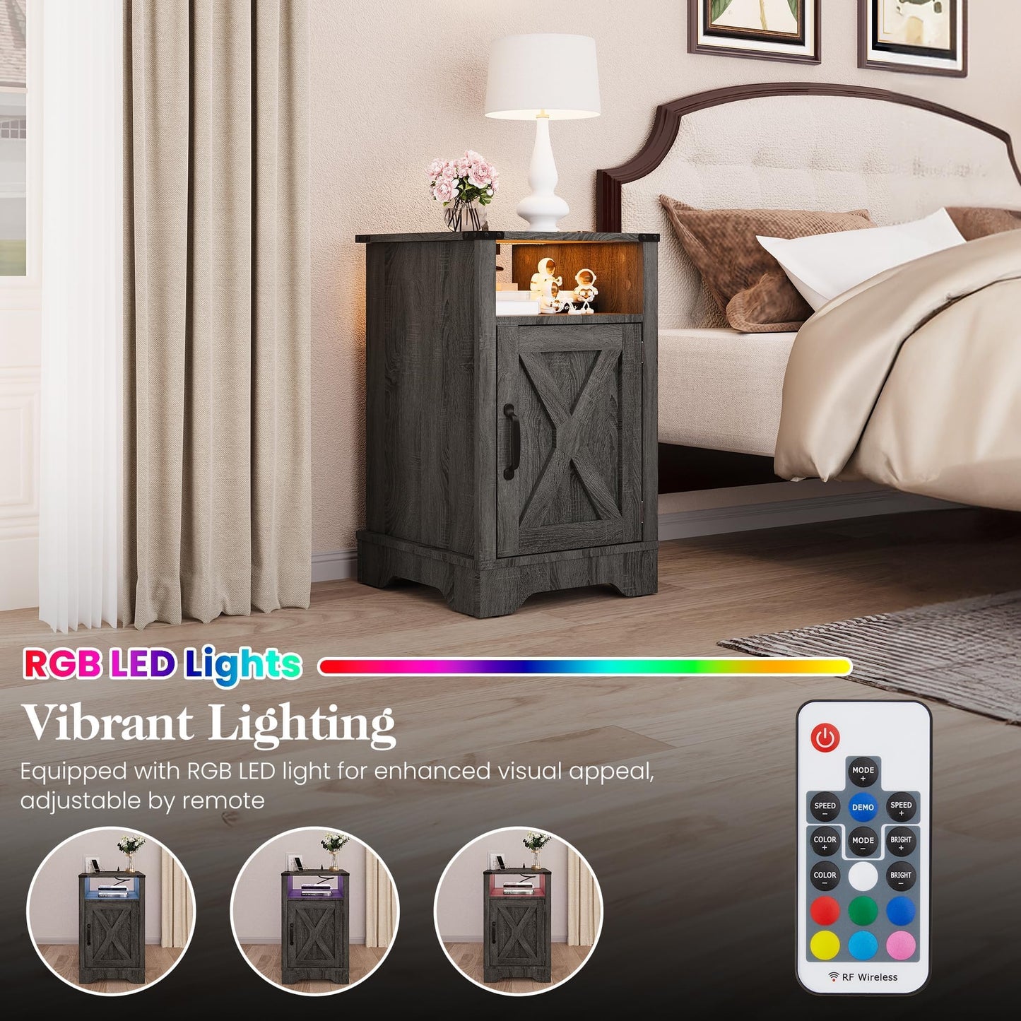 RoyalCraft Farmhouse Nightstand, End Table with LED Lights and Charging Station, Tall Bedside Table with Large Storage and Shelf, Wooden Side Table for Bedroom, Home Office, Dark Grey