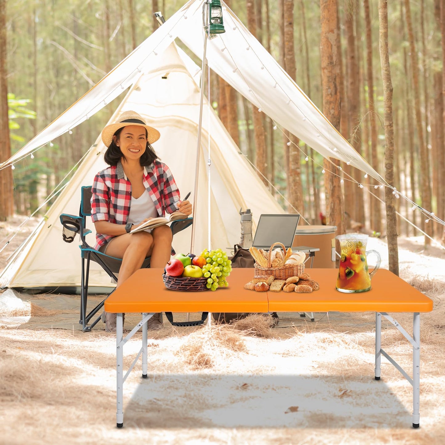 SculPong 4 FT Folding Table with Carry Handle, Portable Fold-in-Half Plastic Table, Rectangle Foldable Table for Indoor/Outdoor Orange