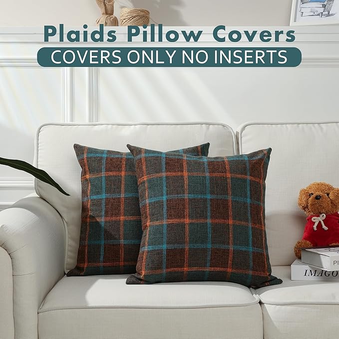 Stellhome Pack of 2 Fall Linen Buffalo Check Decorative Throw Pillow Covers