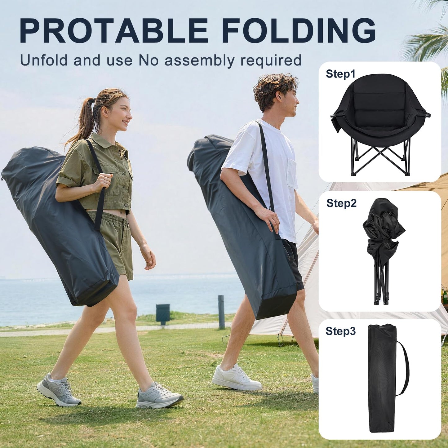 Oversized Camping Chairs for Adult - Heavy Duty Padded Portable Folding Chair XL Collapsible Camp Chair with Cup Holder Side Pocket Outdoor Lawn Beach Sport Fishing Support 500LBS, Black 2 Pack