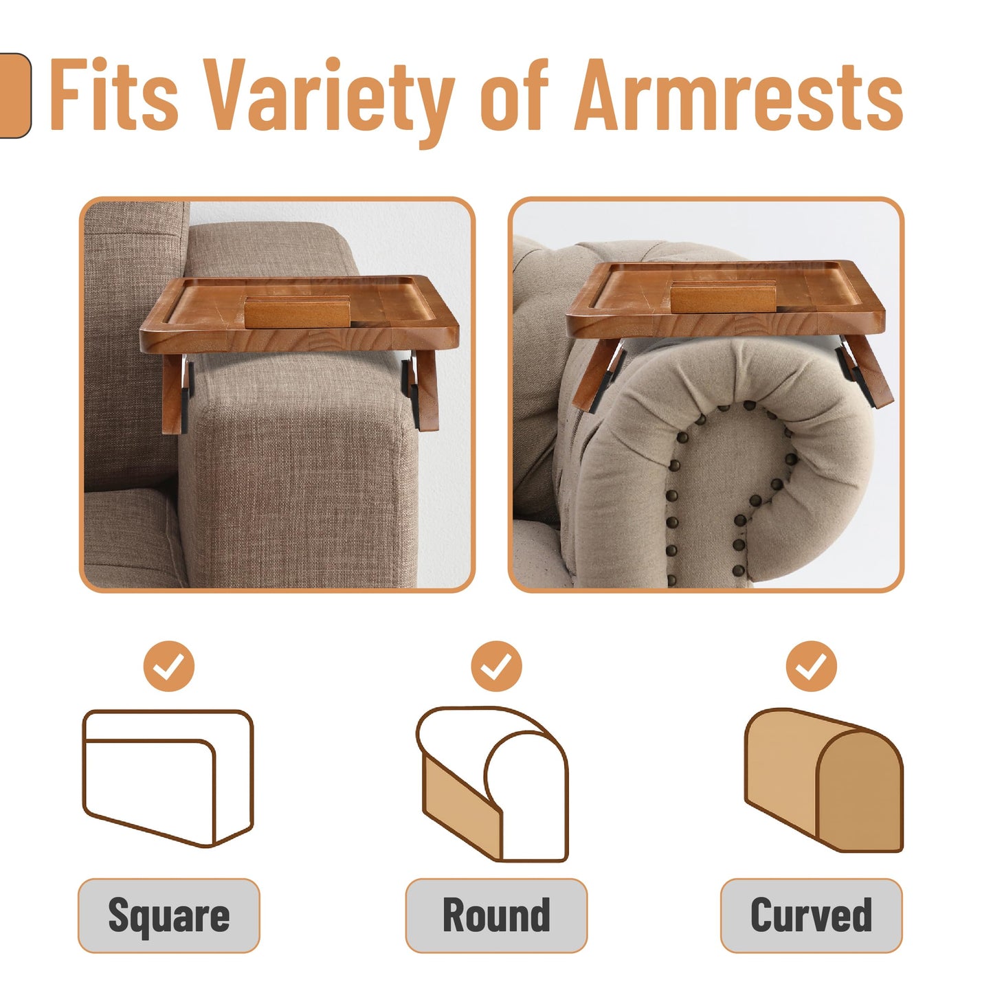 BAMBOO LAND- Couch Arm Tray, Wooden Folding Couch Armrest Table, Rectangular Clip-On Sofa Arm Tray with 360° Rotating Phone Holder
