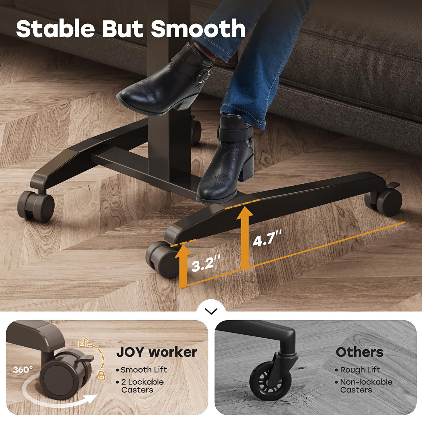 JOY worker Height Adjustable Rolling Laptop Desk with Shelf, Mobile Standing Desk, Pneumatic Mobile Laptop Table with Wheels for Couch Home Office School, Holds Up to 22lbs, Dark Walnut