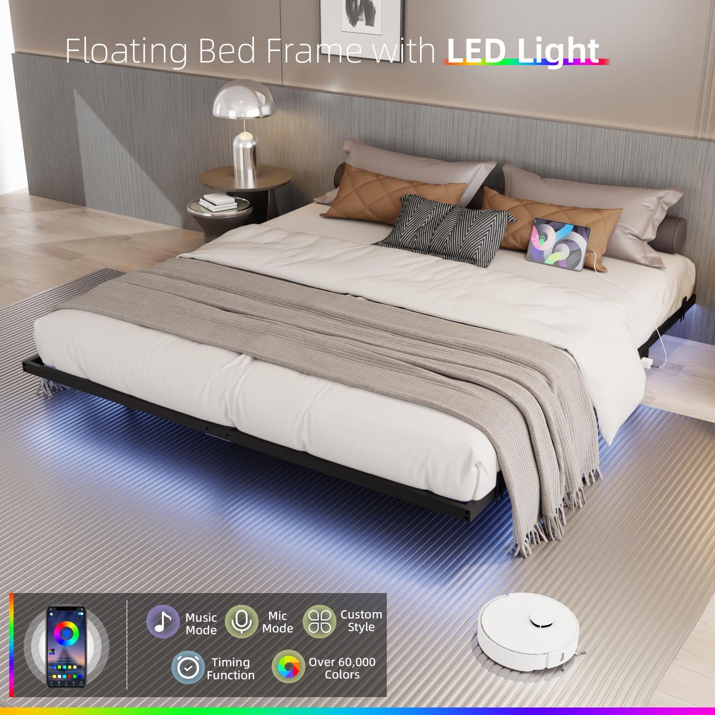 Muluflower Floating Bed Frame Full Size with Charging Station and LED Lights, Metal Platform Bed Frame, No Box Spring Needed, Easy Assembly, (Full)