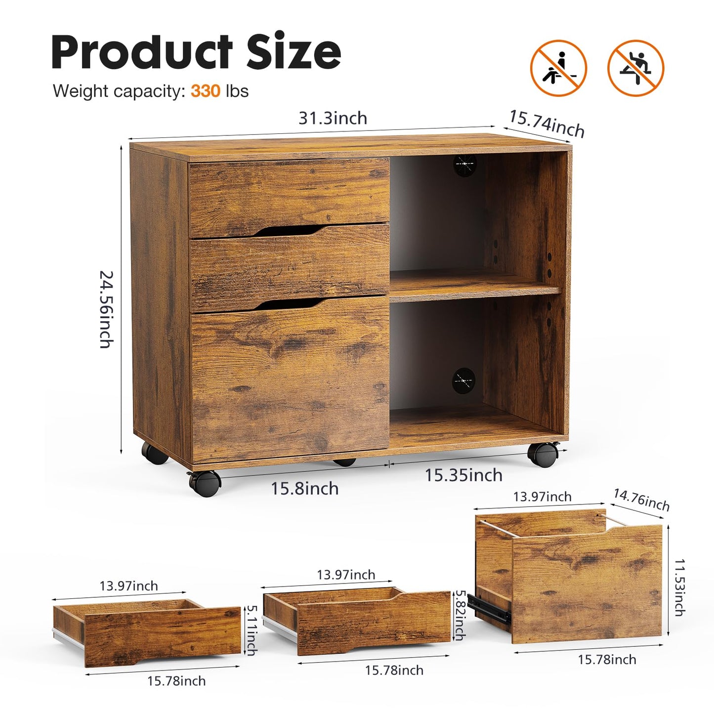 UOCFYK File Cabinet with 3 Drawers, Mobile Lateral Filing Cabinet with Open Storage Shelves for Home Office Under Desk Storage, Brown