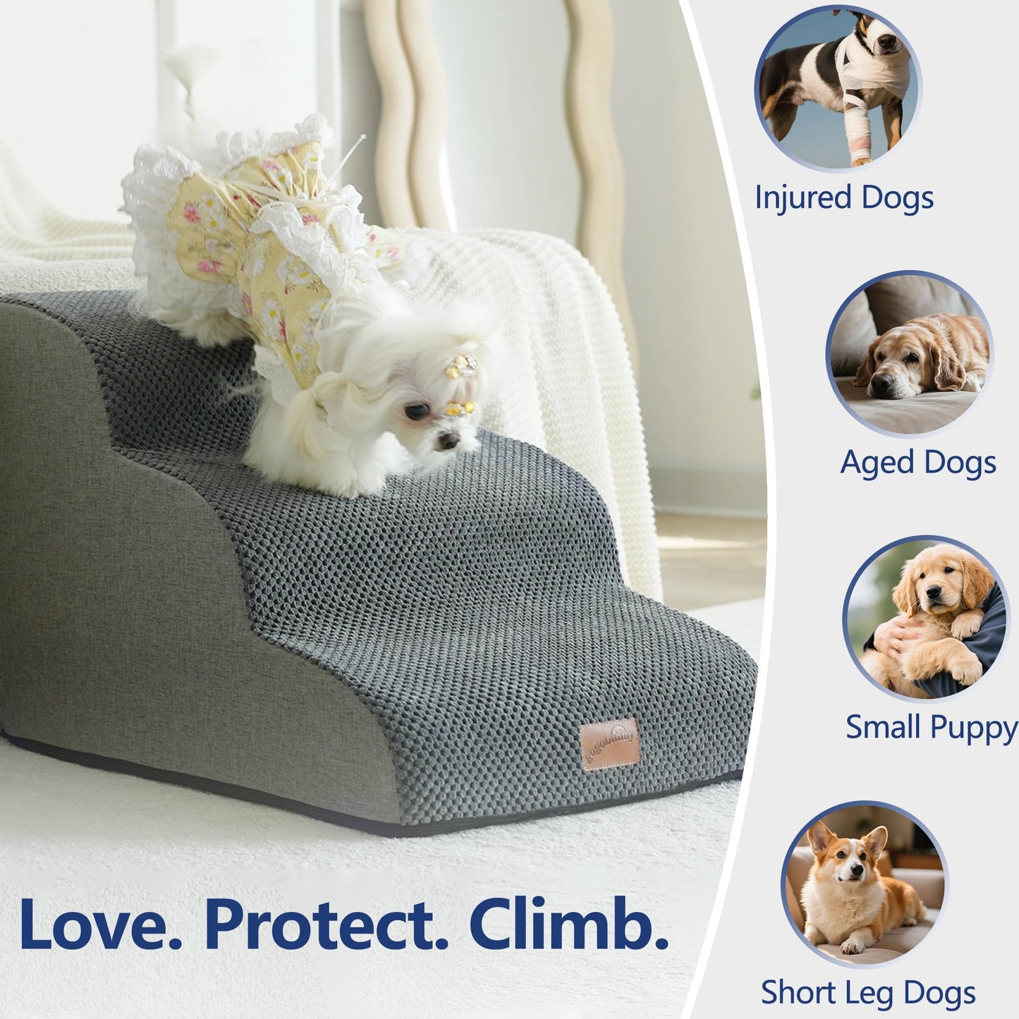 GoGoBunny Waterproof High Density Foam Curved Dog Stairs for High Beds Couches 19.7" H, 4-Step Ramp Dog Steps Friendly to Small Medium Dogs or Pets Joints, Non-Slip Balanced Durable Pet Step, Grey