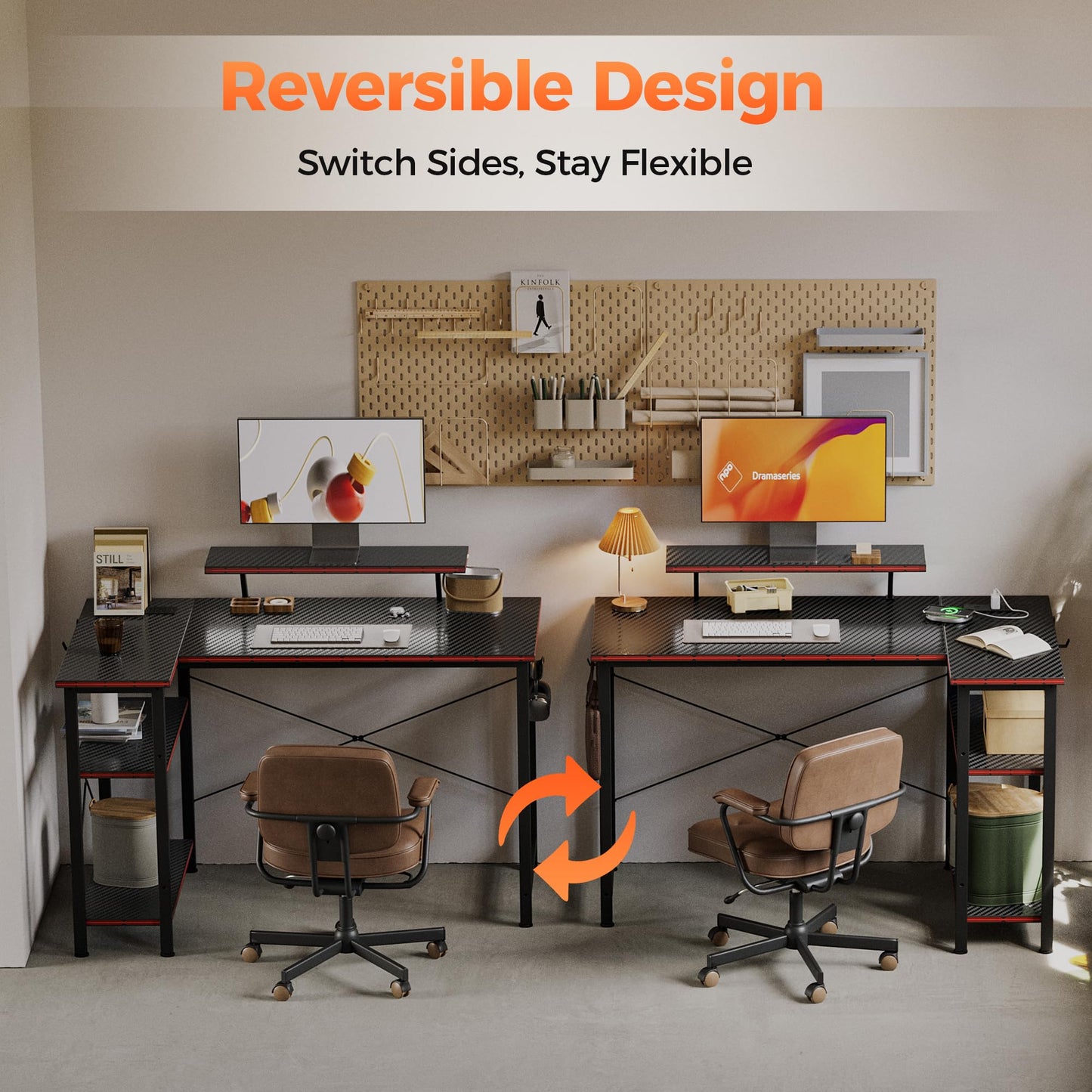 Mericonia Small L Shaped Computer Desk with Power Outlets, Reversible Gaming Desk with Storage Shelves & Monitor Stand, Corner Gamer Desk Table, Study Writing Table