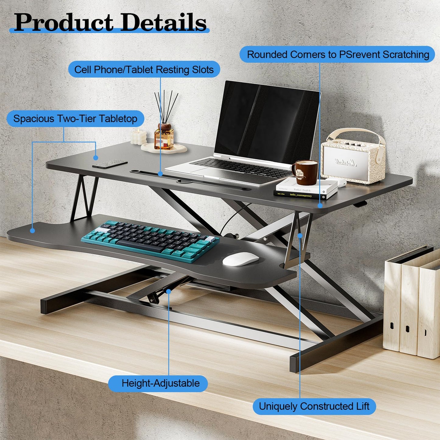 AQQHSAIN Standing Desk Converter 36 Inch Wide Sit to Stand Converter Desk Height Adjustable Riser with Keyboard Tray Laptop and Dual Monitor Desktop Workstation Riser for Home Office Computer