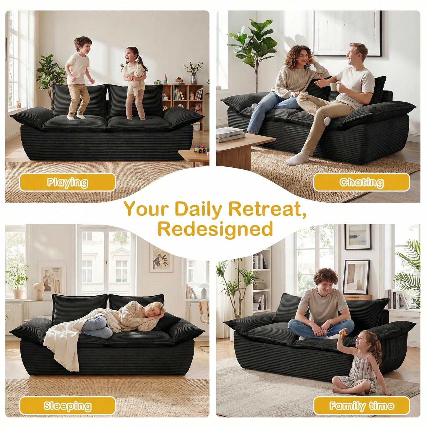 AOLVDOW 56" Boneless Loveseat Sofa, 2-Seater Black Boneless Sofa with Removable Cushions & 2 Pillows, Small Couch Boneless Compress Foam Sofa for Living Room, Apartments, & Office