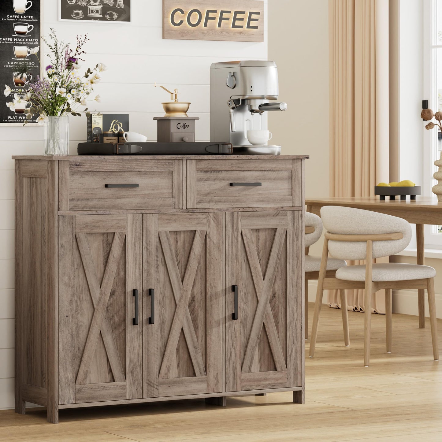 Homhedy Sideboard Buffet Cabinet, Coffee Bar Storage Cabinet with Drawers and Doors, Farmhouse Kitchen Cabinet with Adjustable Shelves, for Kitchen, Dining Room, Living Room, Greige