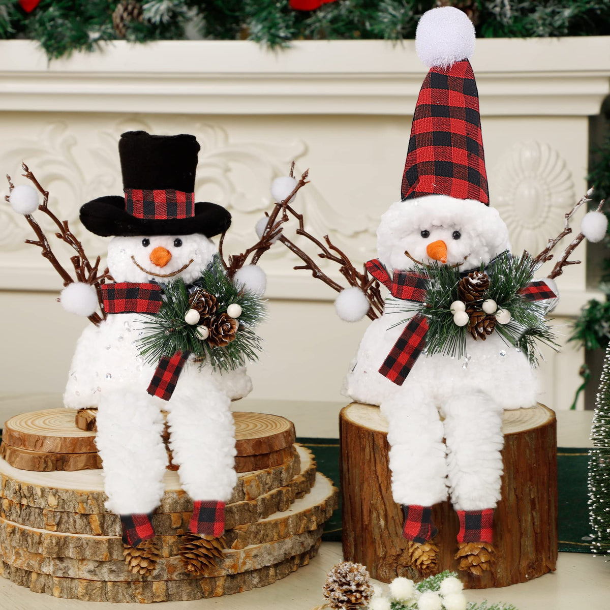 Lulu Home Set of 2 Christmas Snowman Ornaments for Table Mantel Desk Fireplace Home Holiday Decor (Red and Black)