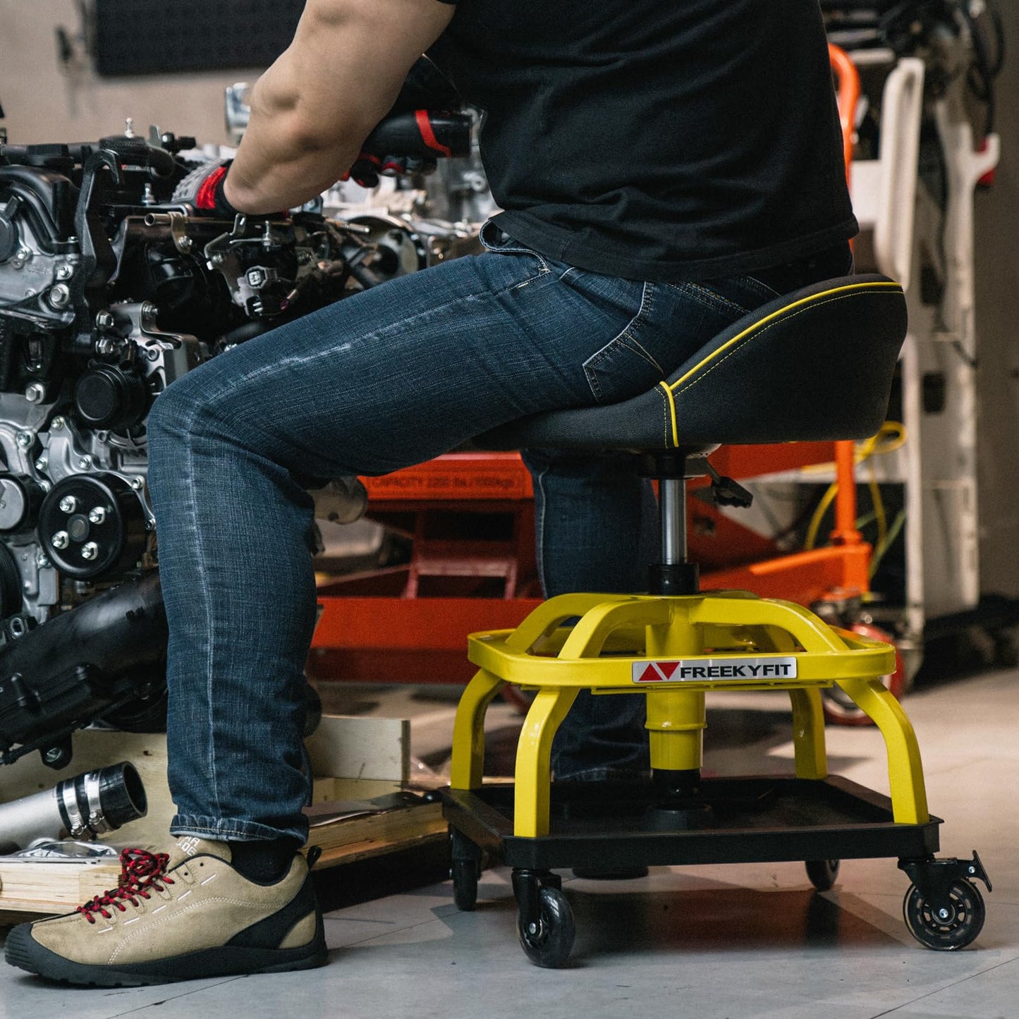 FreekyFit Rolling Shop Stool with Wheels, Garage Work Mechanic Stool with Backrest, Roller Mechanic Chair, Adjustable Height, 360° Swivel, Tool Tray Storage, 330 LBS Capacity, Heavy Duty, Yellow